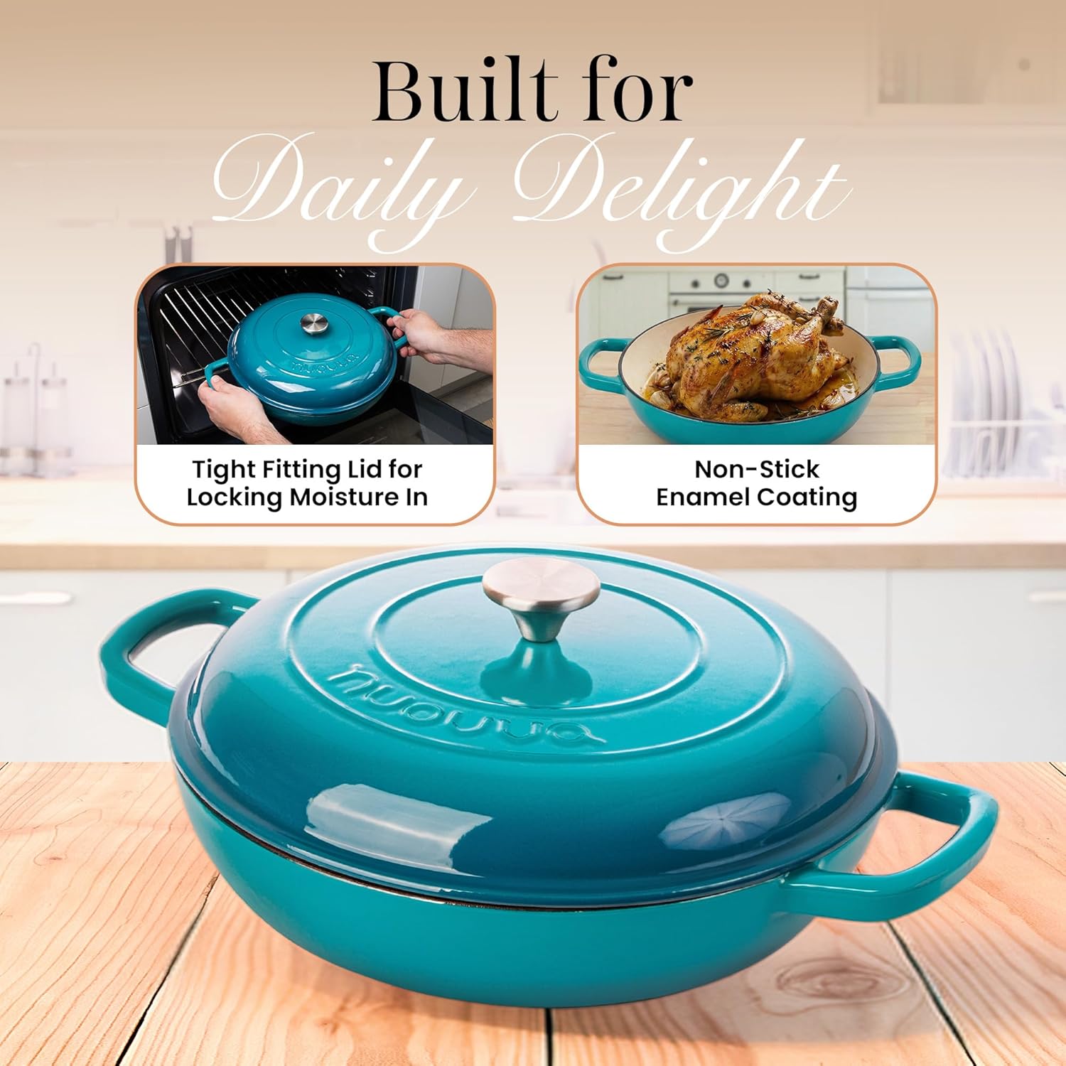 Shallow Cast Iron Casserole with Lid – Non Stick Dutch Oven Pot, Oven Safe up to 500° F – Sturdy Ovenproof Stockpot Cookware – Enamelled Cooking Pot – Teal, 5-Quart, 32cm – by Nuovva