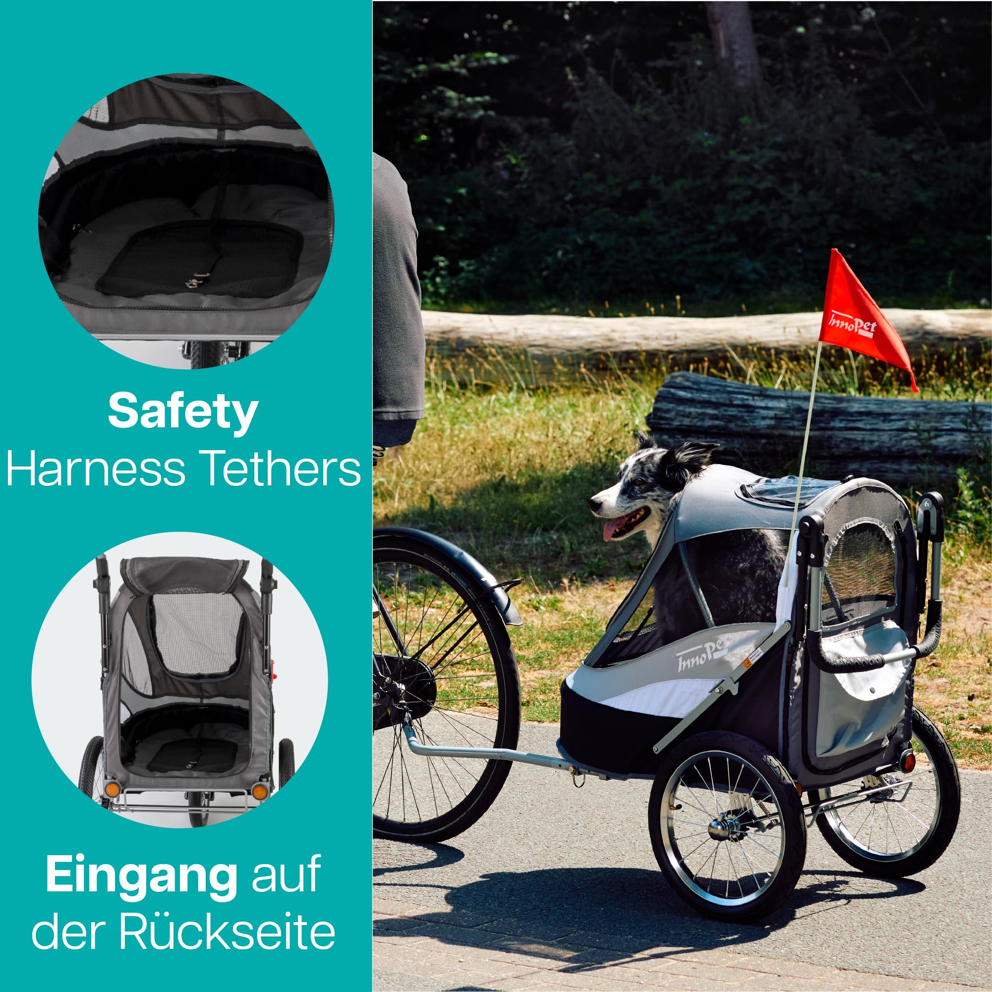 Hundeanhänger Fahrrad & Hundebuggy InnoPet Sporty Trailer Deluxe - 2 in 1 Fahrradanhänger für Hunde - Schwarz/Silber - mit Regenschutz, Deichsel & Fahrradkit, Faltbarer Hundewagen