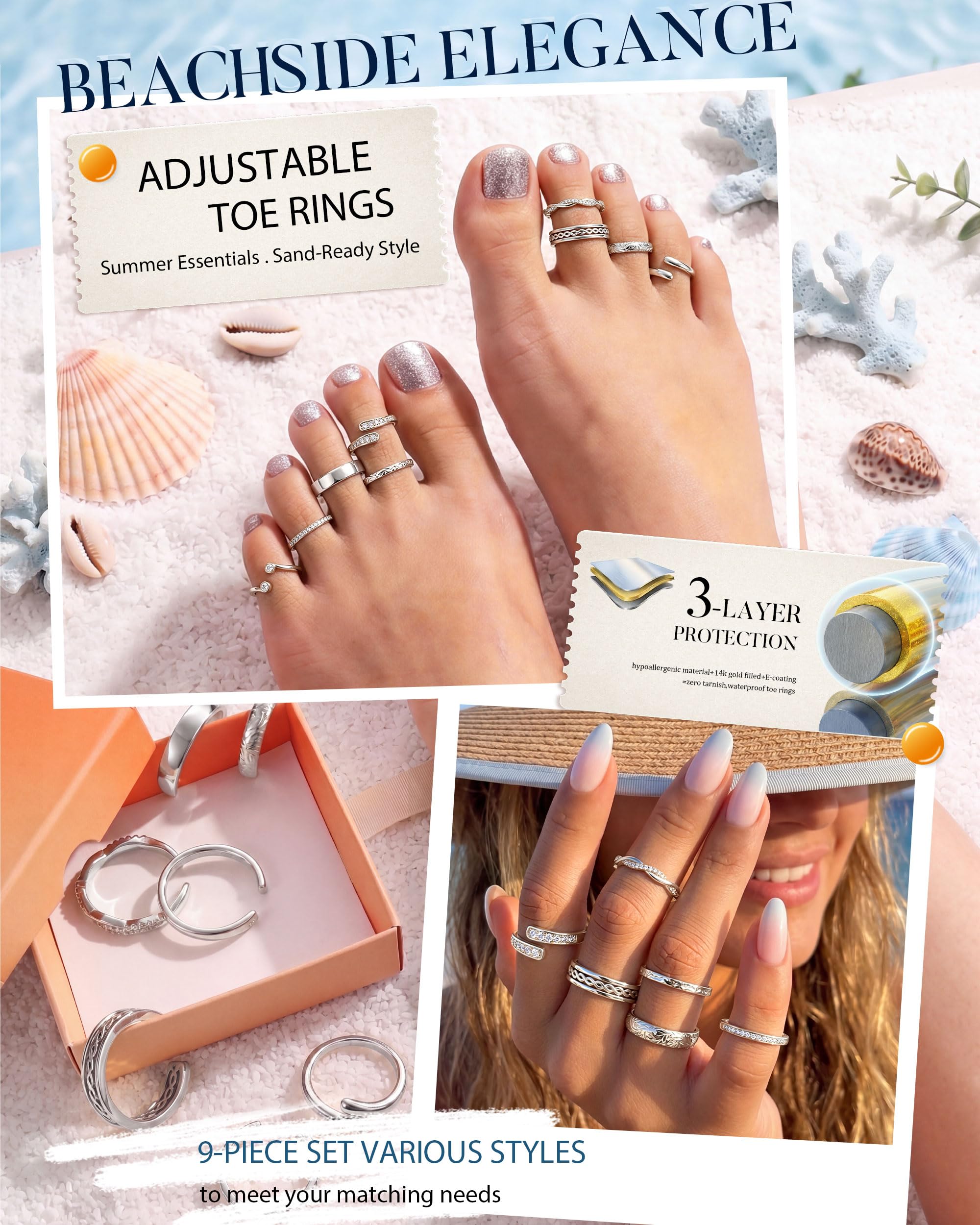 ORAZIO 9 Stück 16 Karat Gold/Silber Zehenringe für Damen Verstellbarer Offener Zehenring Set CZ Eingelegte Ringe Gold Wasserfest Ringe für Frauen Sommer Strand Fuß Ringe Schmuck