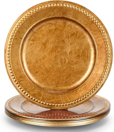 13" Vintage Gold Brown Charger Plate, Rustic Chargers for Dinner Plates, Elegant Table Setting Centerpieces Decor Bulk Wedding, Christmas, Thanksgiving, Halloween, Holiday Parties Events, Set of 6