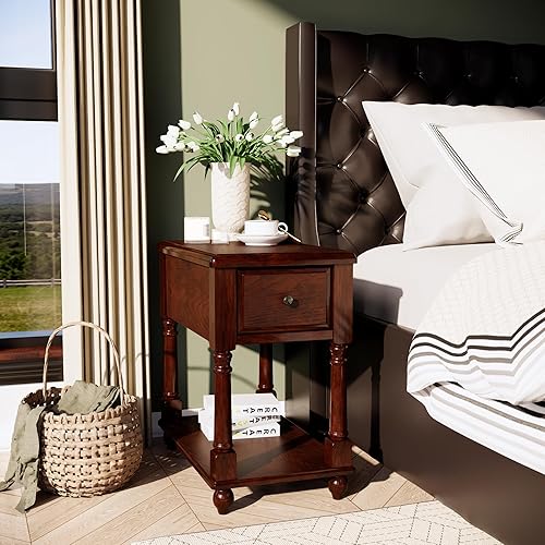 Miniatura 3 de Mesa auxiliar de extremo estrecho con cajón y estante de almacenamiento, mesas de sofá de madera maciza, mesa lateral delgada, teléfono para