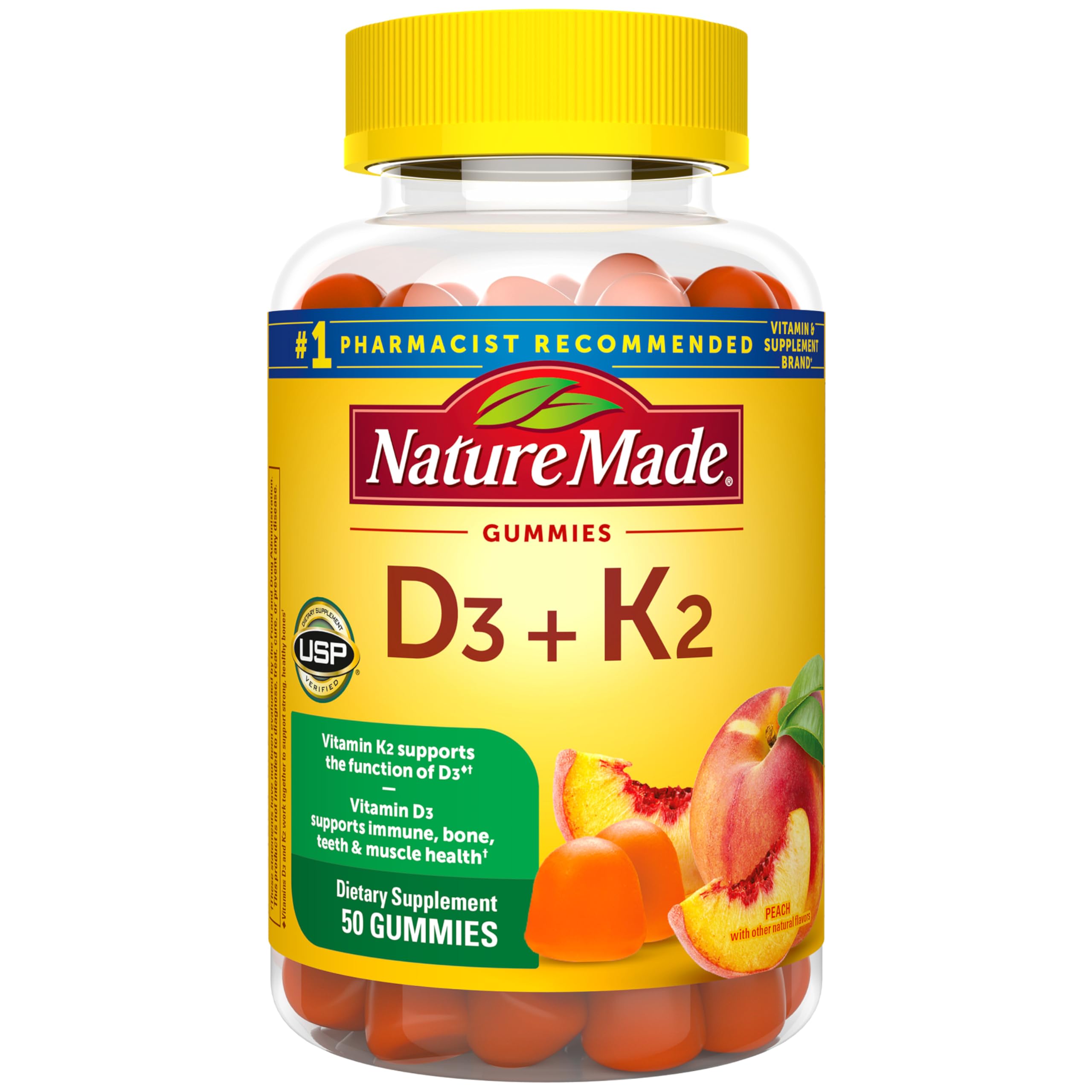 Nature Made Vitamin D3 K2 Gummies, Vitamin D 5000 IU Per Serving for Bone, Teeth, Muscle and Immune Support, 50 Gummy Vitamins, 25 Day Supply