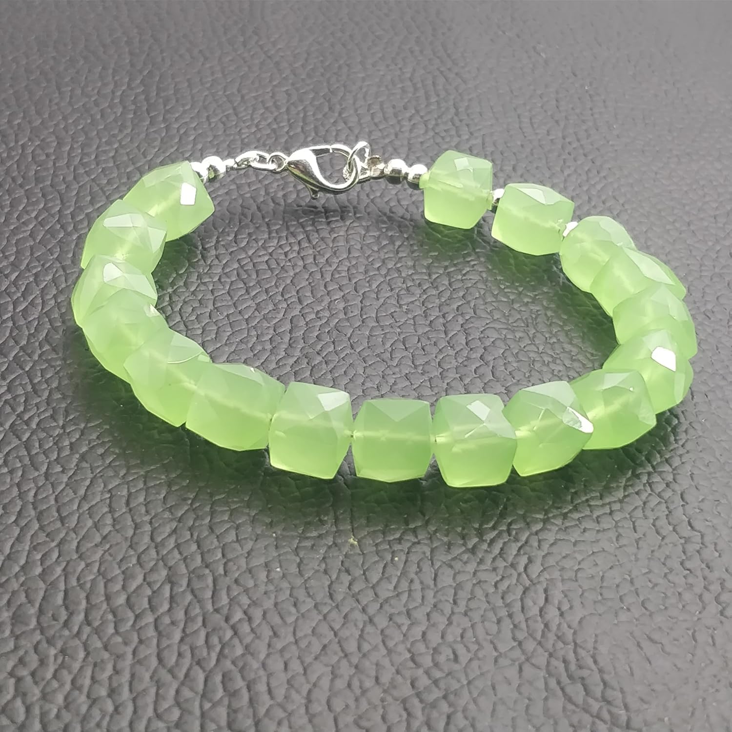 LKBEADS Natural prehnite quartz gemstone 8x8 mm stacking bracelet | 7 inch | green color, square shape, faceted cut, stone | with silver plated clasp | handmade jewellry |LK_ESK_00115