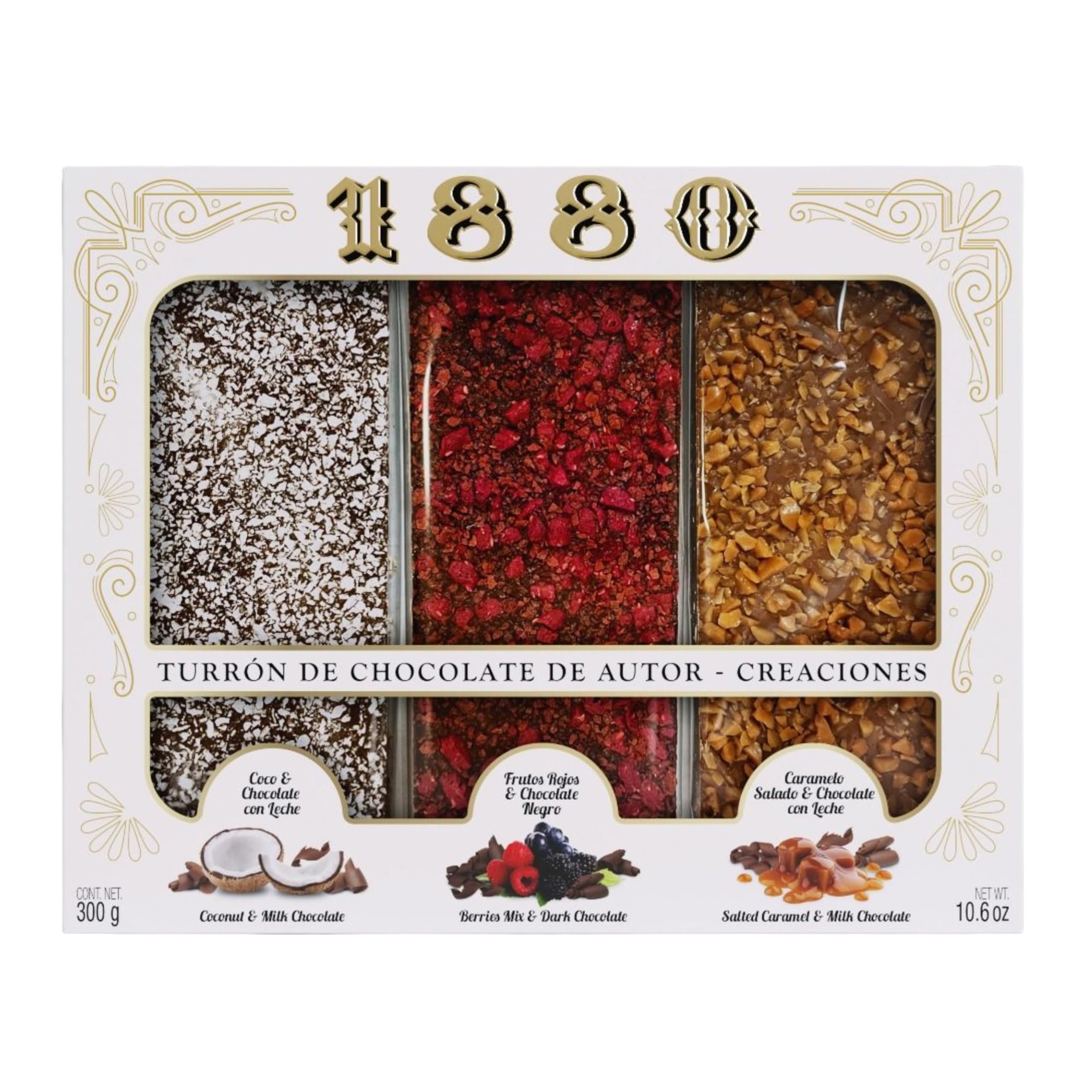 Degustación Turrones Chocolates de Autor 3 gustos Coco & Chocolate con leche Turrón de Frutos Rojos & Chocolate Negro Turrón de Caramelo a la Sal & Chocolate con Leche 3 x 100g Pack 300g