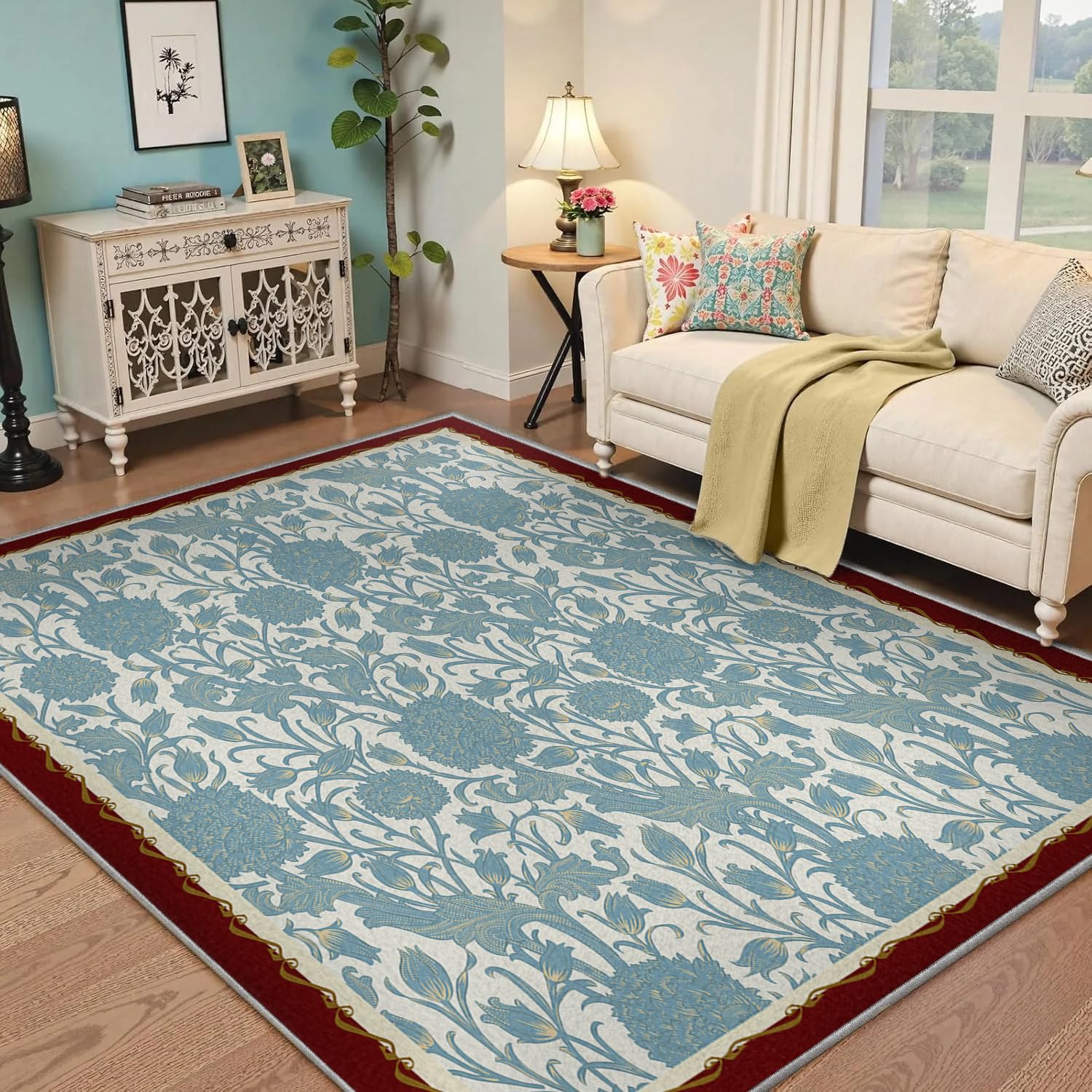 Tapis vintage bleu 160x200cm anti-glisse et facile à aspirer
