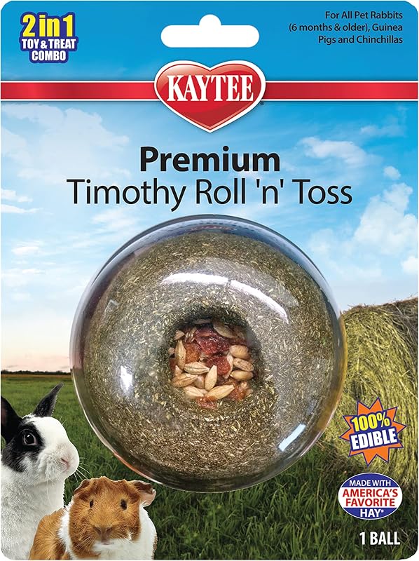 Kaytee Timothy Roll 'n' Toss Toy and Treat for Rabbits, Guinea Pigs | Dental support. Edible rabbit toys for play. 100% edible, timothy hay, grains and vegetables