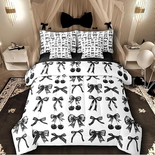 Cherry Bow Full Size Bed Sheets and Comforter Set, Black and White Bow Tie 7-Pie