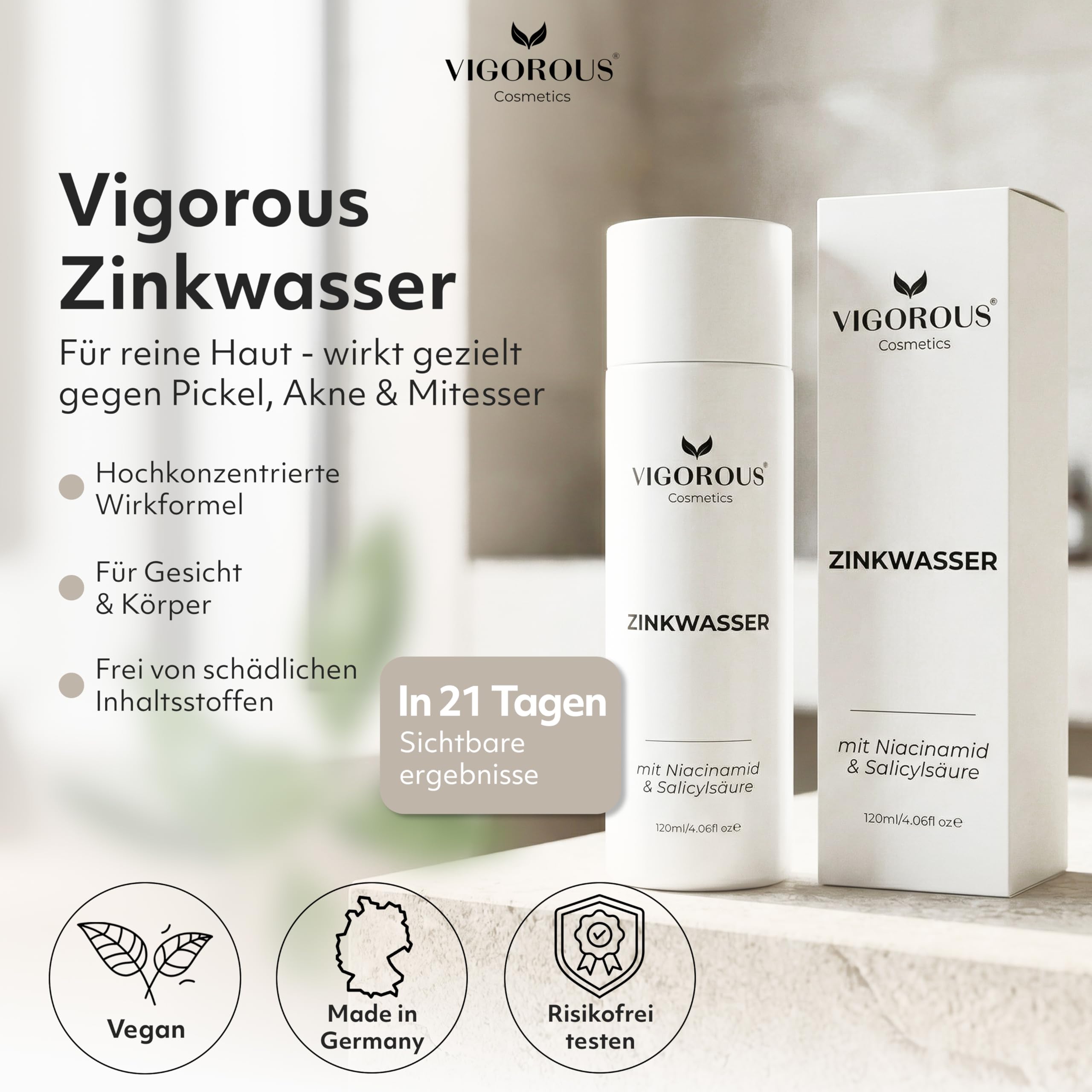 VIGOROUS® Zink Gesichtswasser 120ml anti Pickel Gesichtsreinigung Männer & Frauen- Salicylsäure & Niacinamide face cleanser gegen unreine Haut Gesicht - Vegan gegen Pickel im Gesicht & hormonelle Akne