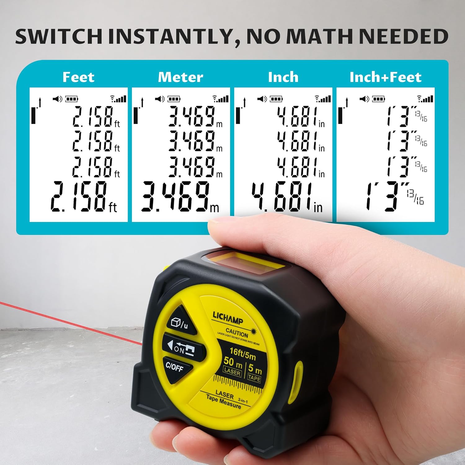 Lichamp Laser Tape Measure, 164ft Class II Laser Distance Meter (0.49mW Red Laser) and 16ft Manual Tape Measure