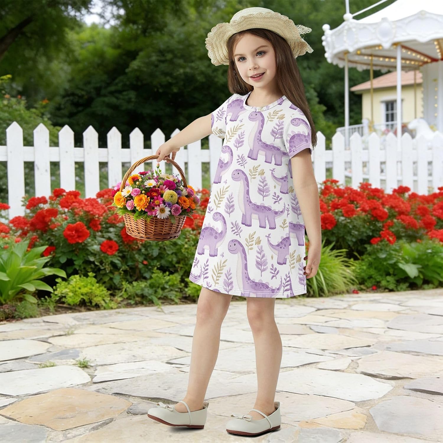 Purple Dino Girls Dresses Summer Dresses for Girls with Cotton Short Sleeves for Casual a Line Dress Size 2-8Y