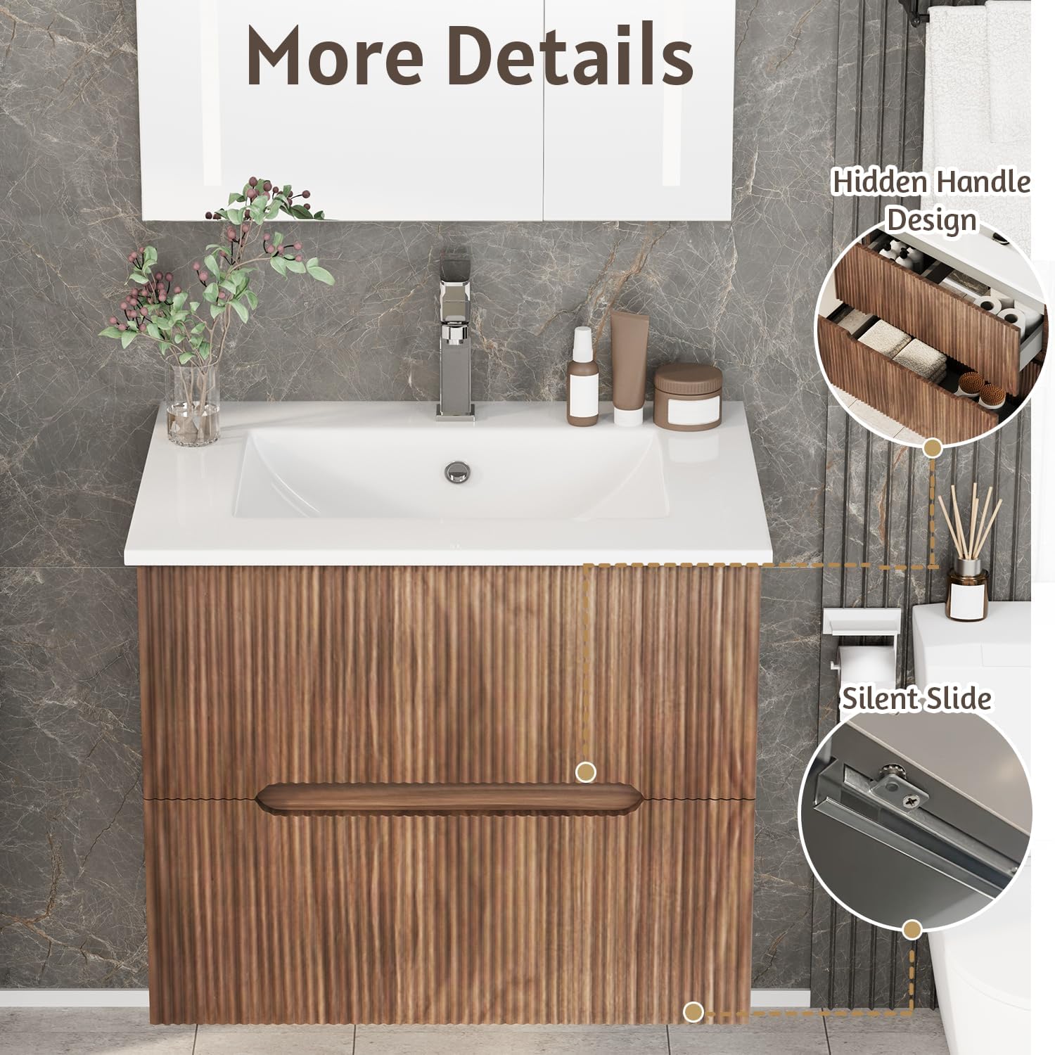 EROMMY 24 Inch Bathroom Vanity with Sink, Floating Bathroom Vanity with Ceramic Basin, Wall Mounted Bathroom Sink Cabinet Set with Soft-Close 2 Drawers, Faucet & Pop Up Drain, Walnut