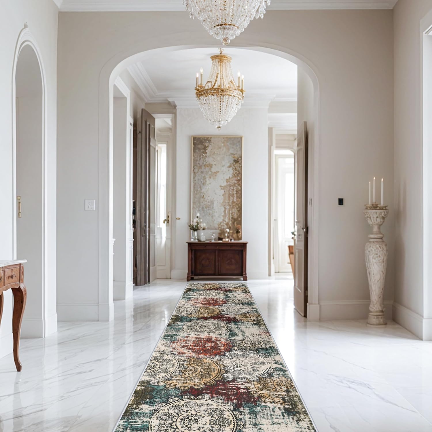 3x12 Runner Rug for Hallway - Long Kitchen Runner Machine Washable Non Slip Rug Moroccan Floor Mat Low Pile Indoor Carpet for Bedroom Entryway 3x12 Red Green Multi