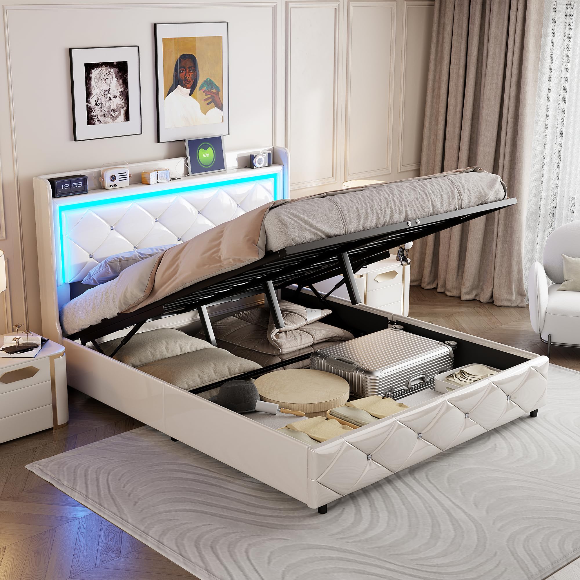 Letto baule 140 x 200 con rete a doghe LED e USB, letto matrimoniale 140 x 200 con contenitore e testiera per letti, letti imbottiti per 2 persone, telaio del letto 140 x 200 cm, pelle PU