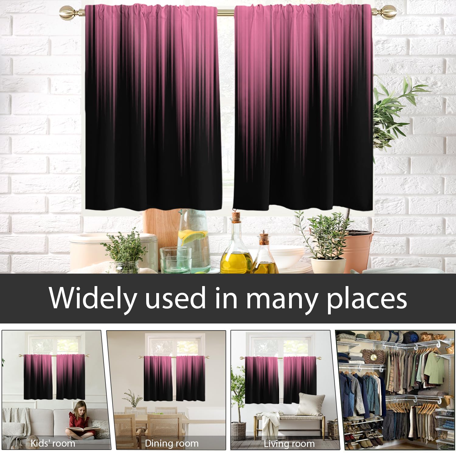 AAtter Cortinas de ventana rosa y negro para cocina, abstracto, a rayas, para niñas y mujeres, arte divertido, pequeño, corto, sala de estar, dormitorio, baño, cortinas de tratamiento de tela, 1 par,