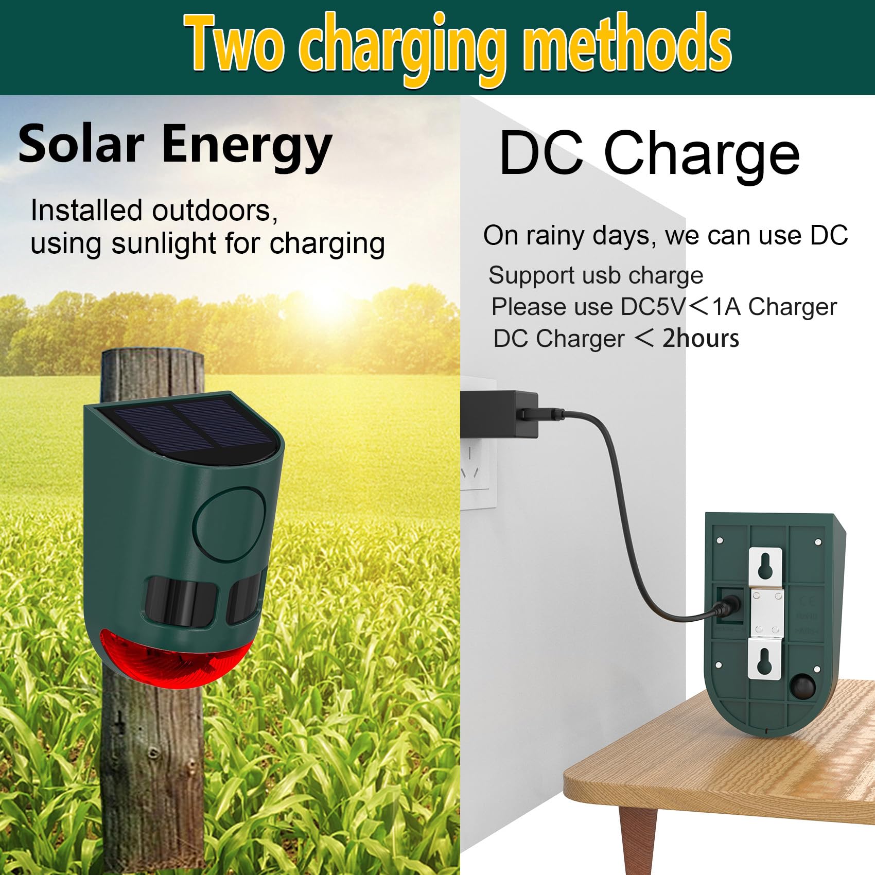 KINGCOO Alarma solar con sensor de movimiento para exteriores, luz estroboscópica LED roja, 4 modos de trabajo, 129 dB, sonido fuerte, detector de movimiento, sirena de seguridad para el hogar