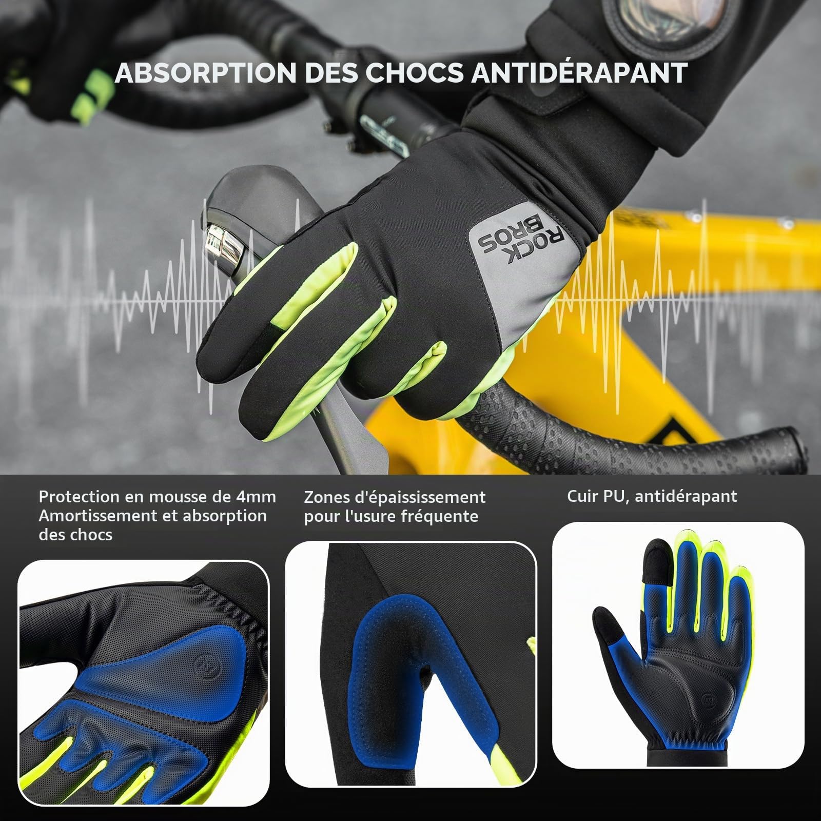 ROCKBROS Gants d'hiver Chauds, Gants Doublure Chauffants à Ecran Tactile Coupe-Vent, Gant Cyclisme Respirant Antidérapant Anti-Choc, Gants de Sport pour VTT Vélo Course Escalade Randonnée Homme Femme