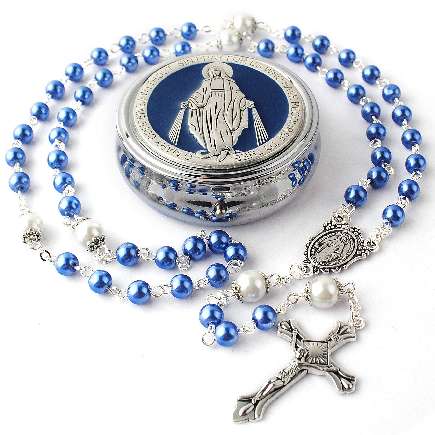 hanlincc 6mm glass pearl beads with 8mm our father beads with caps rosary pack in miraculous metal gift box