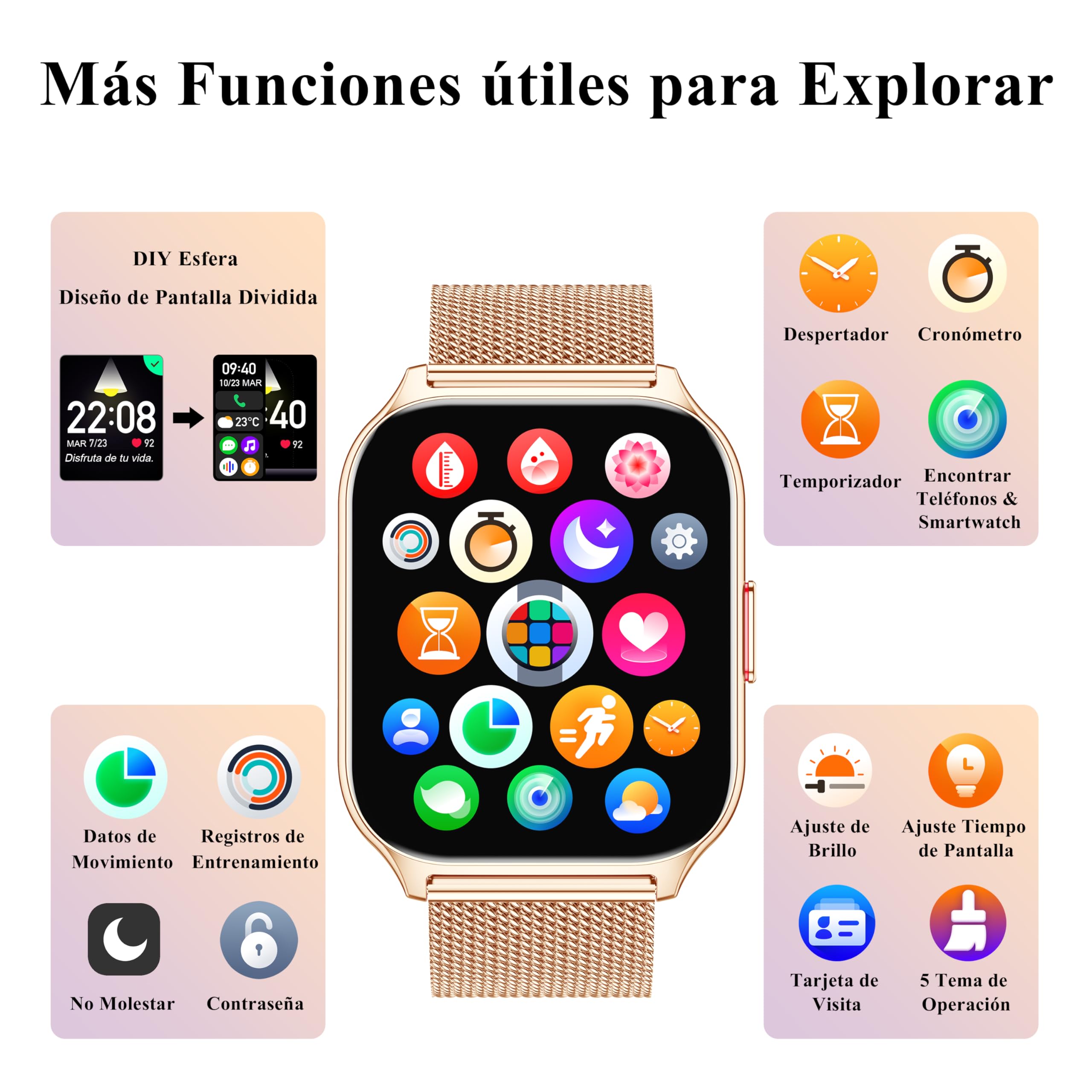 Popglory Reloj Inteligente Llamadas, 2,01" Grande Pantalla, Asistente Voz, 100+ Deportes Smartwatch Mujer Hombre con Presión Arterial Ritmo Cardíaco Pulsometro, Alerta Whatsapp