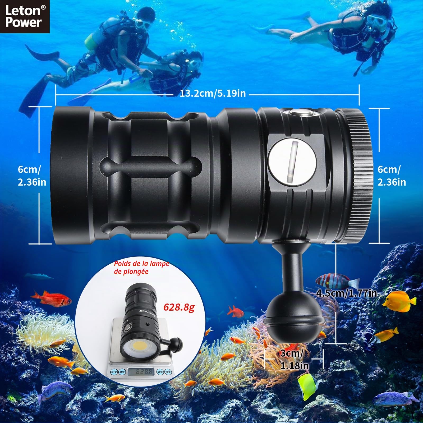 Turbo S Lampe de Plongée 10000 Lumens - Lampe Video sous-Marine Professionnelle, avec CRI 92, 5200K, Étanche 100m, Recharge USB-C pour Sports Nautiques et Plongée Professionnelle