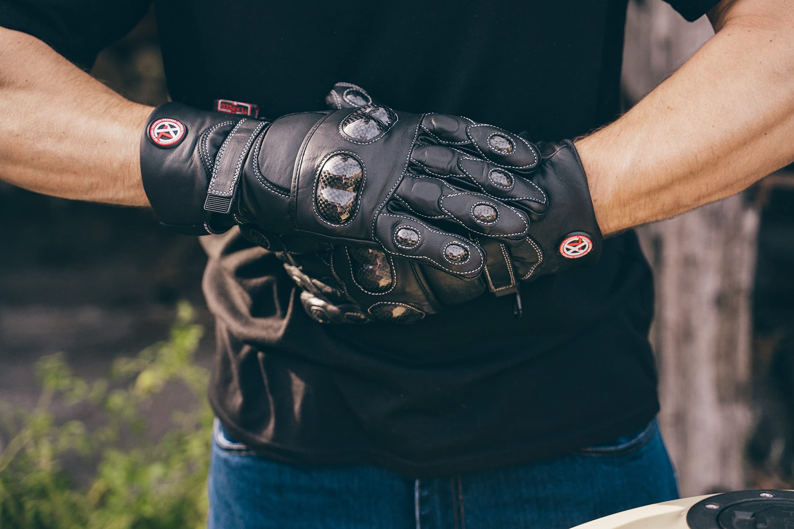 Texpeed Guanti Vera Pelle Moto Uomo - Guanti Da Ciclomotore Impermeabili Con Armatura CE - Inverno o estate - Nero - Polsino lungo - S