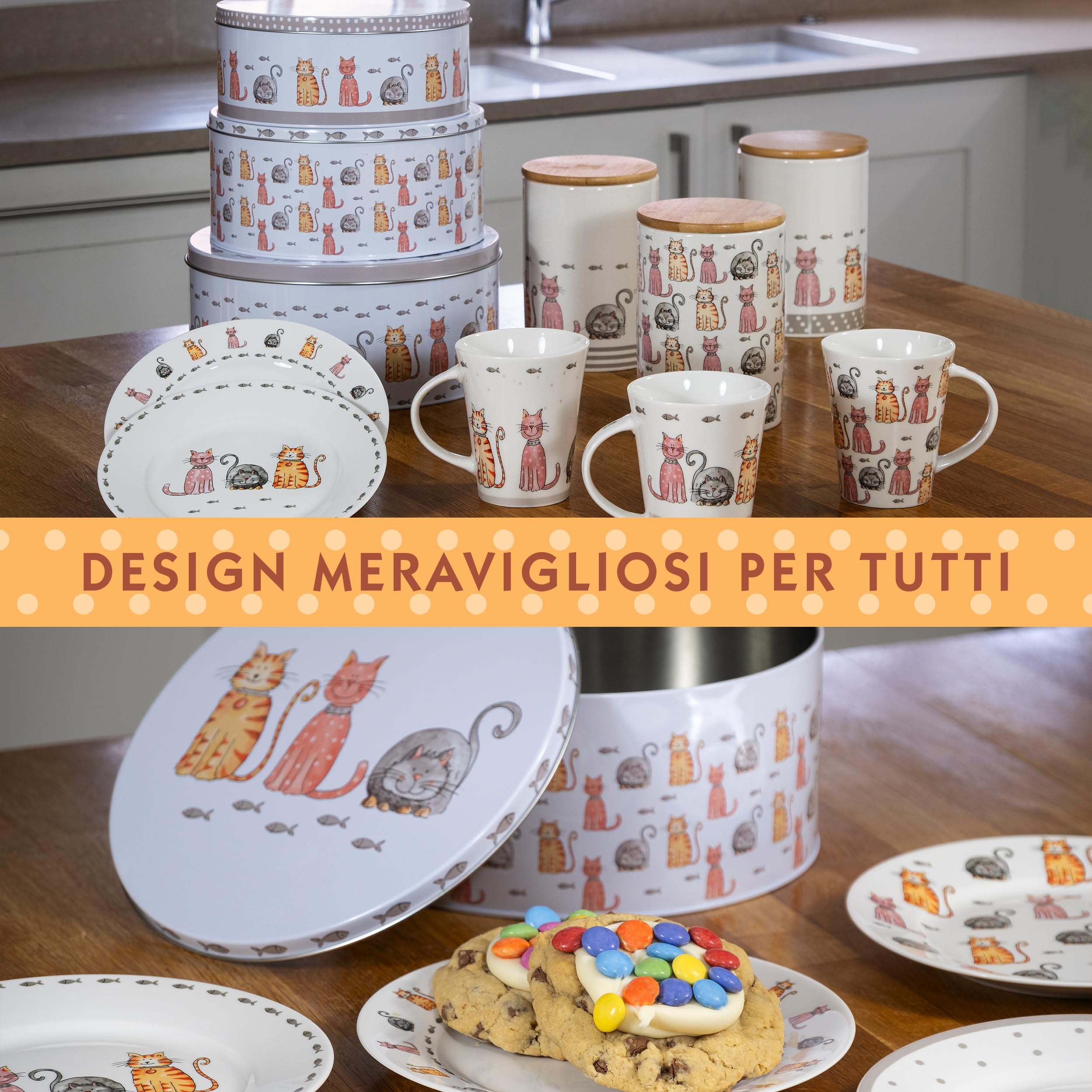 SPOTTED DOG GIFT COMPANY Set di 3 Scatole di Latta, Contenitori Impilabili per Biscotti in Metallo, Barattoli di Latta Rotondi Ermetici per Conservare Torte e Alimenti, Piccoli Medi Grandi - Gatti