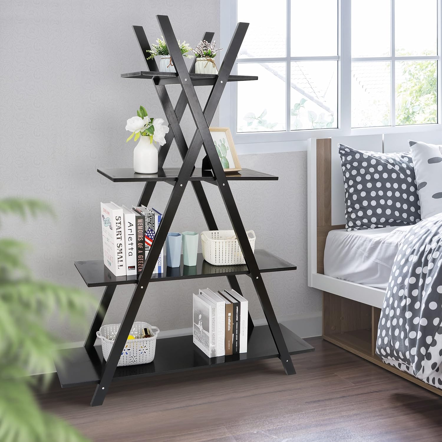 Nouva 4 Tier Ladder Bookshelf Storage Shelves, A Frame Wooden Ladder Open Display Shelves Floor Shlef Storage Furniture for Home Office Living Room Black