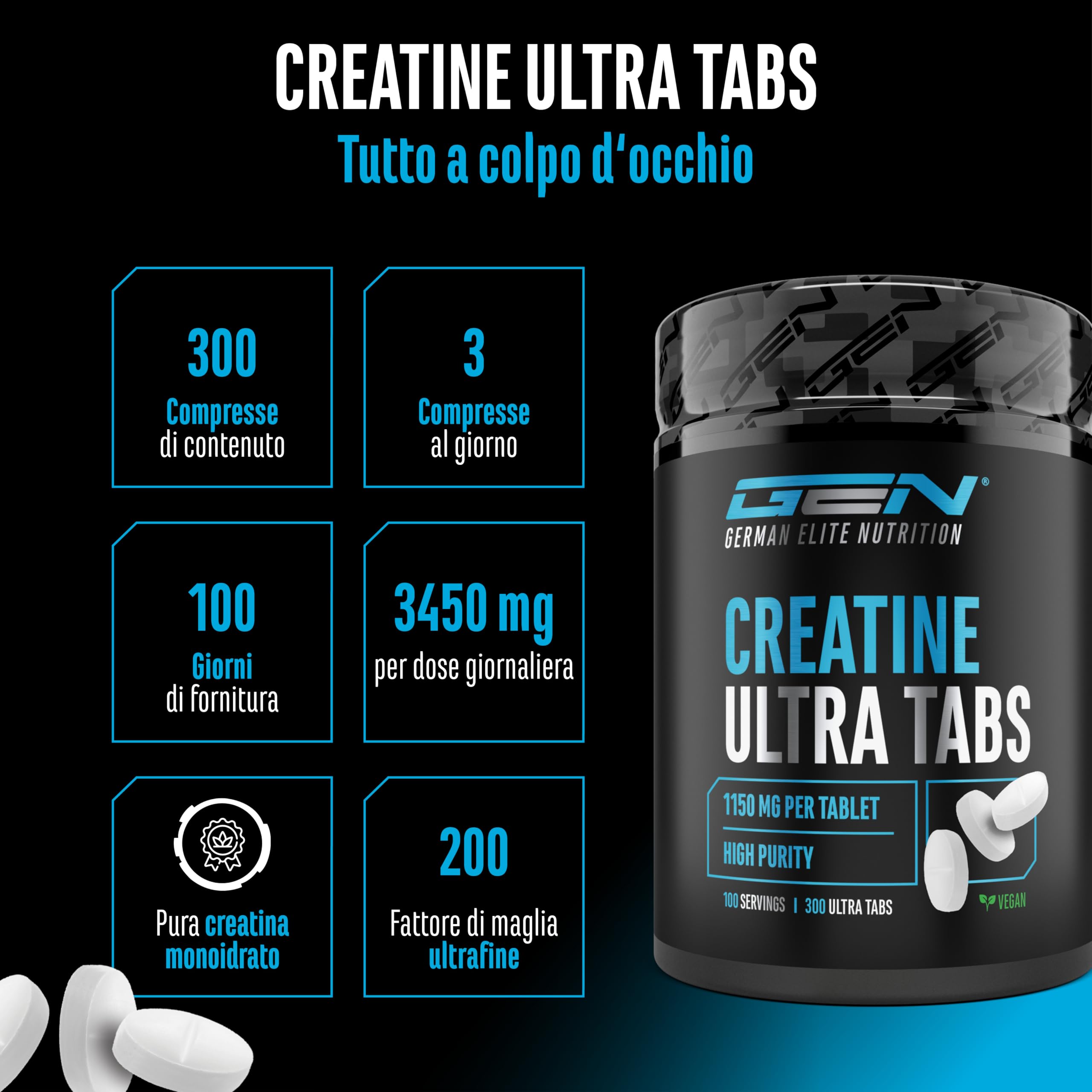 Creatina Ultra Tabs - 300 compresse con 1150 mg di creatina monoidrato pura ciascuna - 100 applicazioni - Premium: Ultrafine + fattore di maglia 200 - Altamente dosata - Vegan
