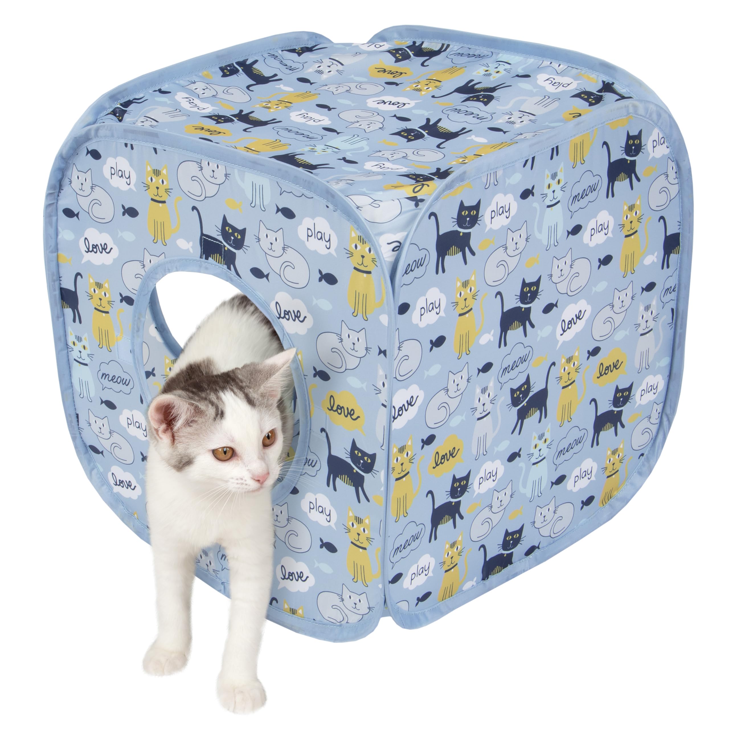 Kitty City Cat Print Pop-Up Play Cube, Collapsible Indoor Hideout with Peekaboo Openings, Lightweight Foldable Cube for Play &amp; Lounging, Blue