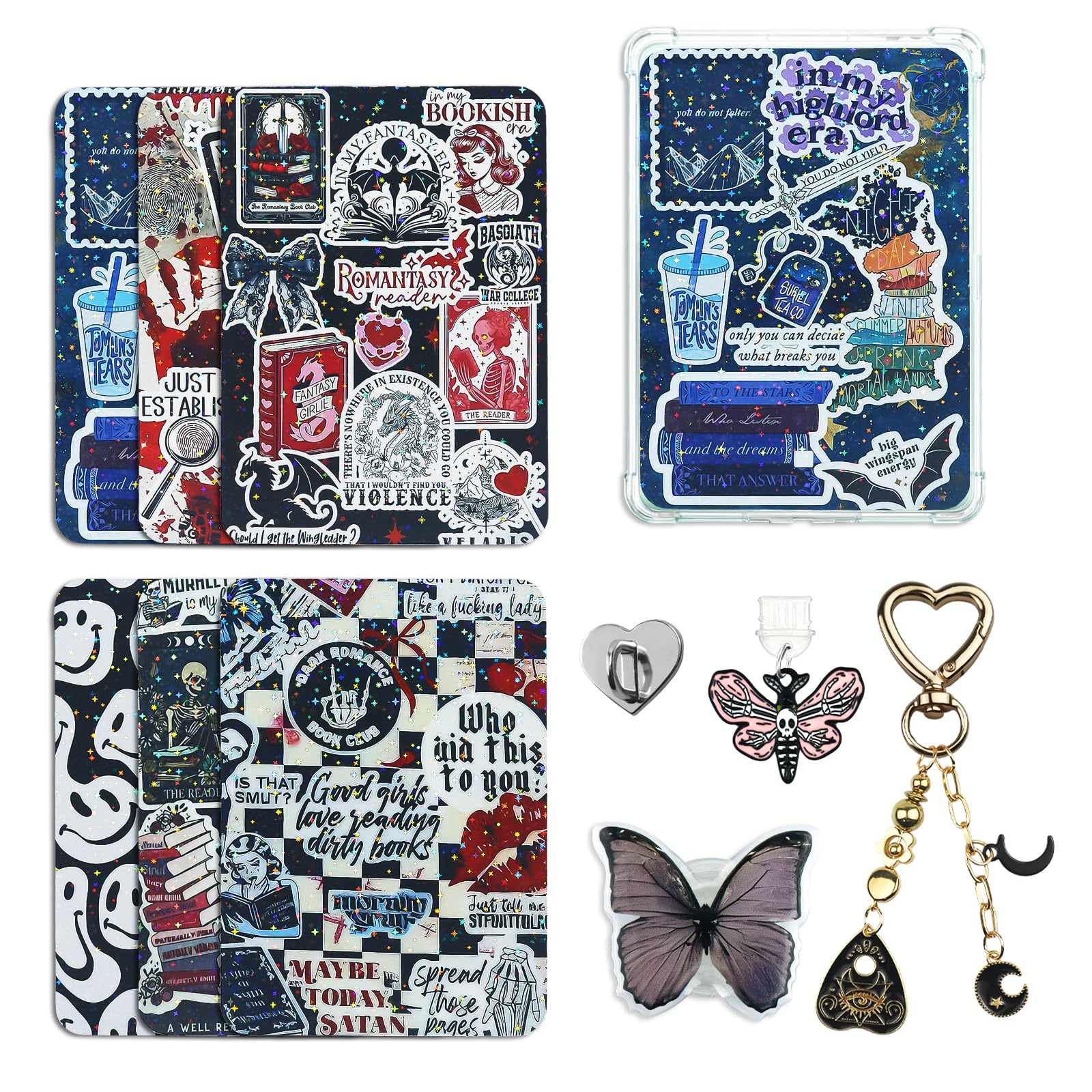 Bonito juego de tarjetas de inserción para Kindle, 6 diseños temáticos de libro con dijes para Kindle y tapones antipolvo USB-C, para 11ª/12ª generación, 6.8 x 4.8 pulgadas (negro 2)