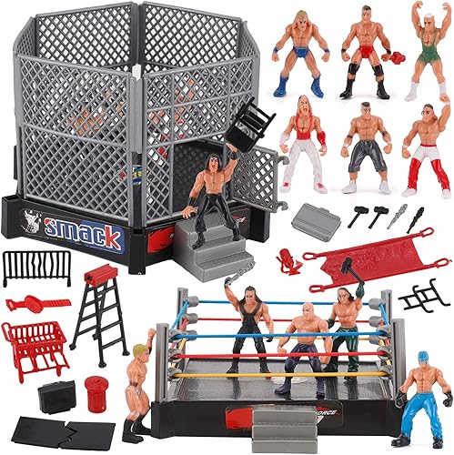 Liberty Imports Mini juego de lucha libre de 32 piezas con figuras de acción y accesorios juguete para niños con luchadores realistas 2 anillos