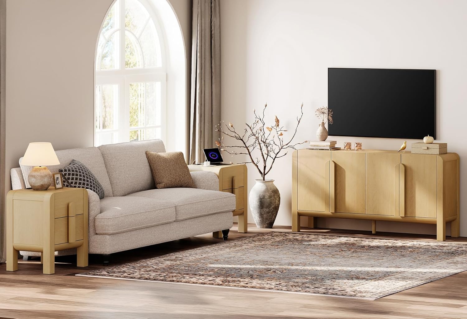 Close-up of the natural oak finish and spacious tabletop of the dresser.