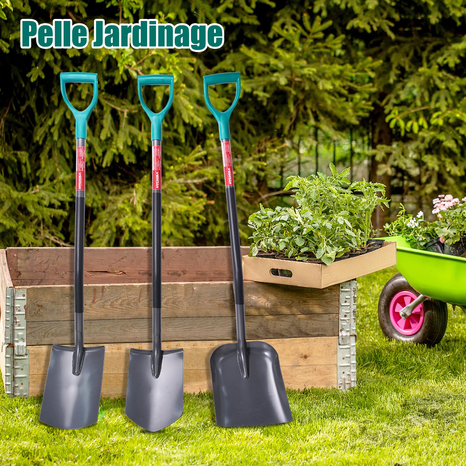 HYCHIKA Pelle Jardinage, Pelle de Jardin, Beche Jardinage, Acier Trempé de Haute Qualité, Poignée Ergonomique, Poignée en D, pour Jardin, Creuser, Construction, Transplantation