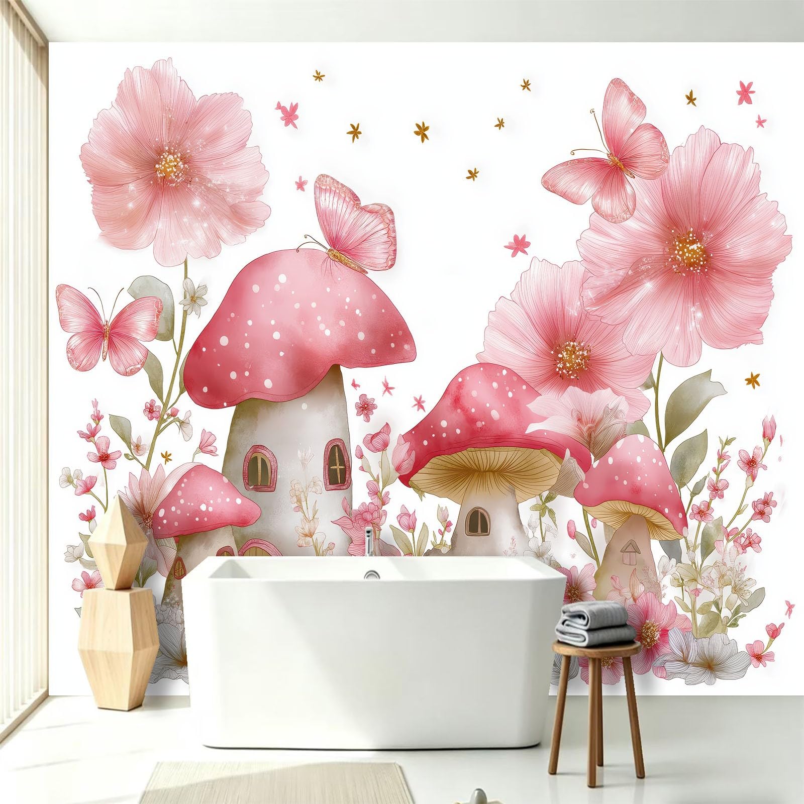 Panoramiczna tapeta Rośliny Akwarela 200 x 140 cm (dł. x wys.), dekoracja ścienna do pokoju dziecięcego salon kuchnia - gobelin unikalny i nowoczesny design - grzyby kwiaty motyle