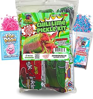Spicy Hot Chili Lime Pickle Kit + Cotton Candy Crunch-Tiktok Challenge Candy Gift Pouch (13 Pcs)-Birthday Gifts For Teens w Fruit Roll ups, skwinkles Mexican candy snacks Variety Pack by Food Crush