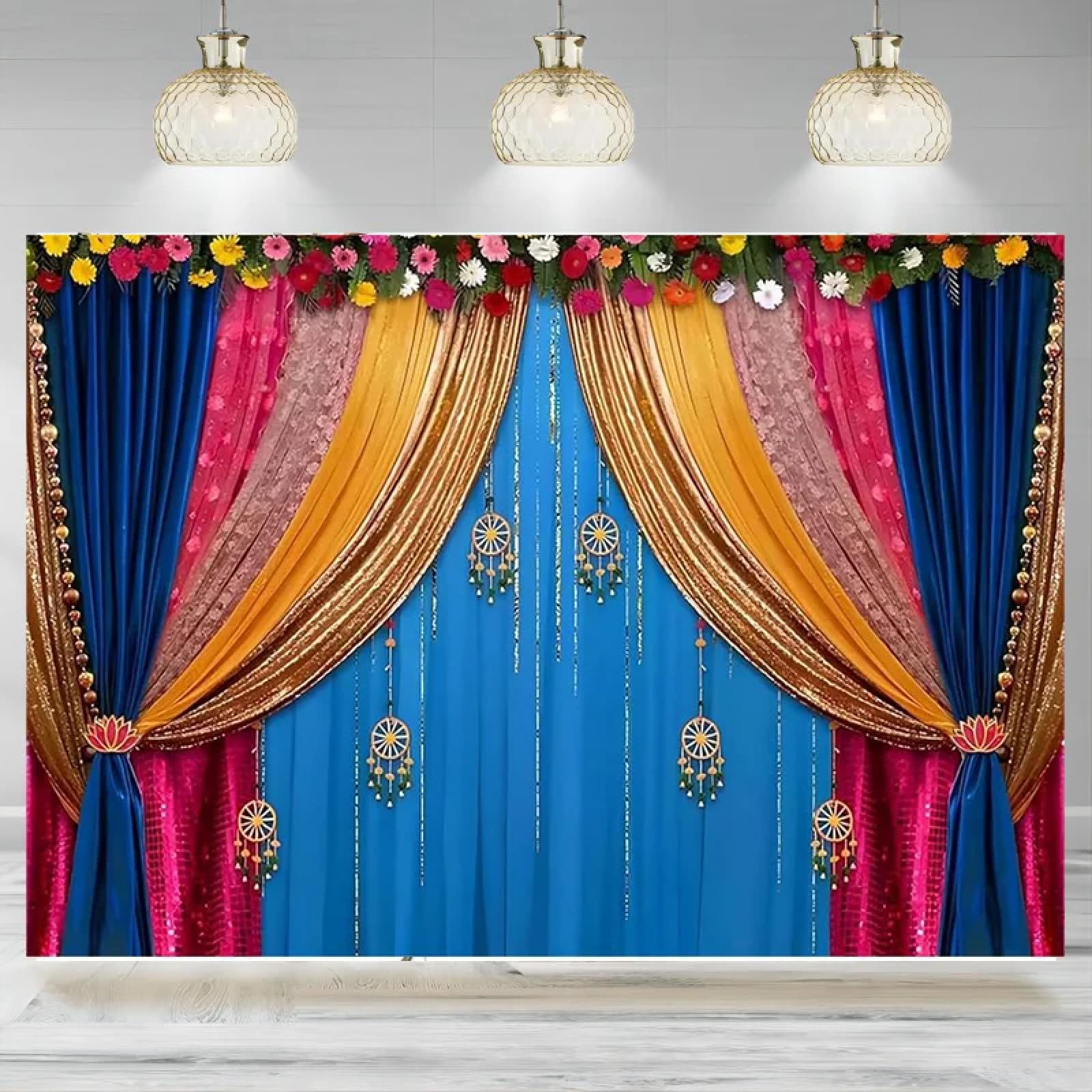 Indyjski styl zasłona kwiatowa girlanda tło hinduskie wesele tradycyjny baner Diwali Pooja dekoracja 440 x 300 cm