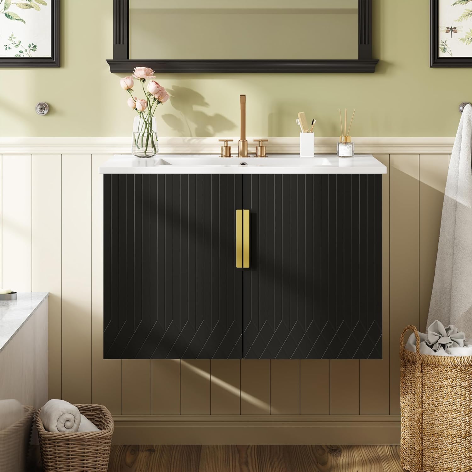 30 Inch Bathroom Vanity with Sink, Floating Bath Vanity with 2 Soft-Close Carved Doors, Wall Mounted Bathroom Vanities with Ceramic 3 Holes Sinks, Modern Vanity with Sink for Bathroom (30",Black)