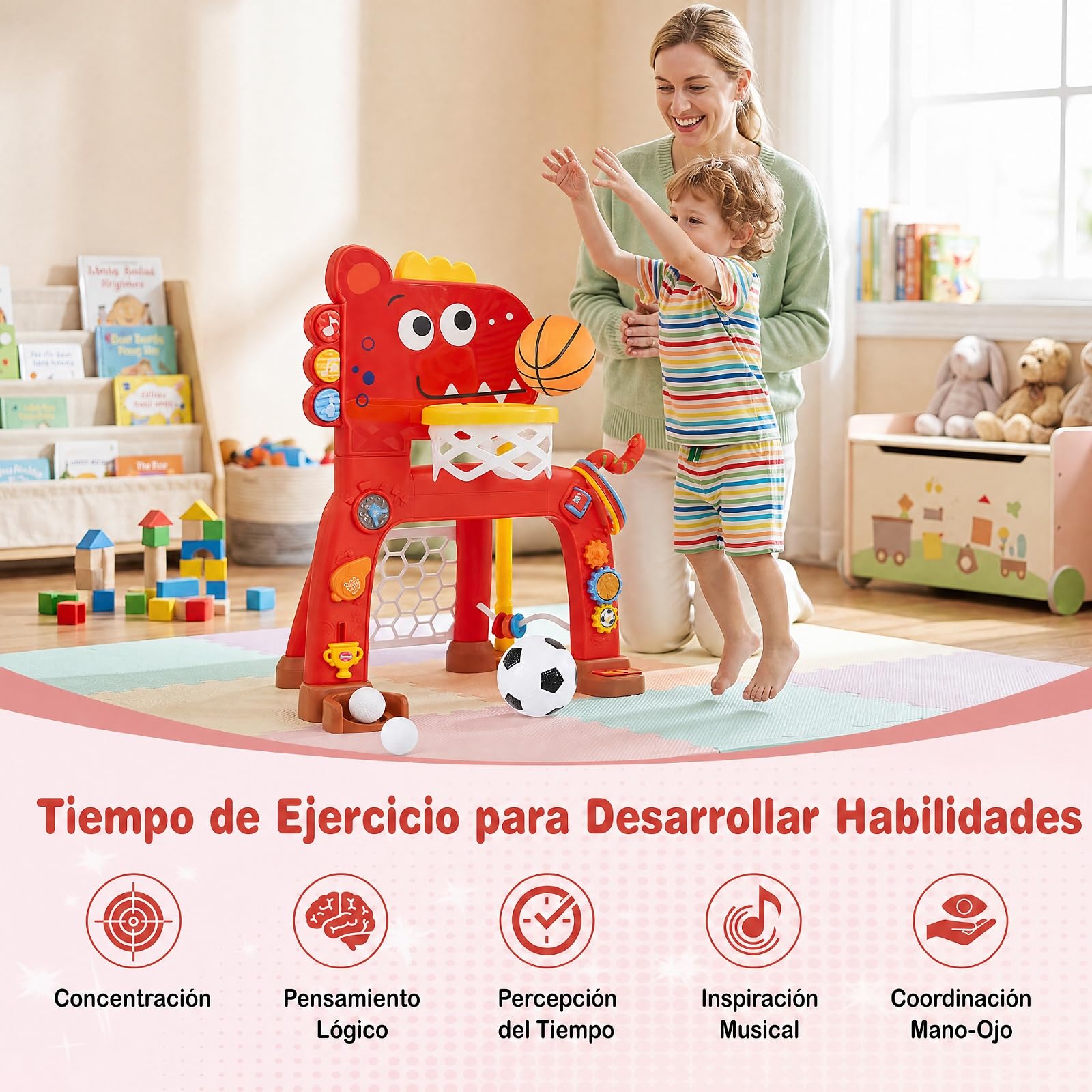 COSTWAY 4 en 1 Canasta Baloncesto Infantil, Alturas Ajustables (Rojo)