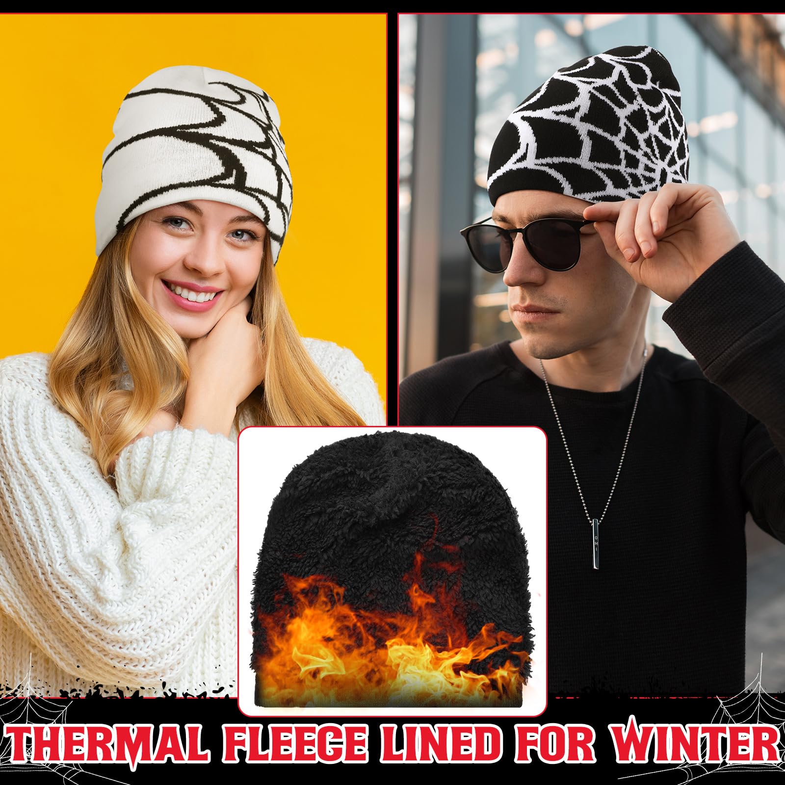 Jeyiour 4 gorros Y2k con patrón de telaraña, gorro gótico de punto acrílico, estilo casual, ropa de calle al aire libre, para hombres y mujeres