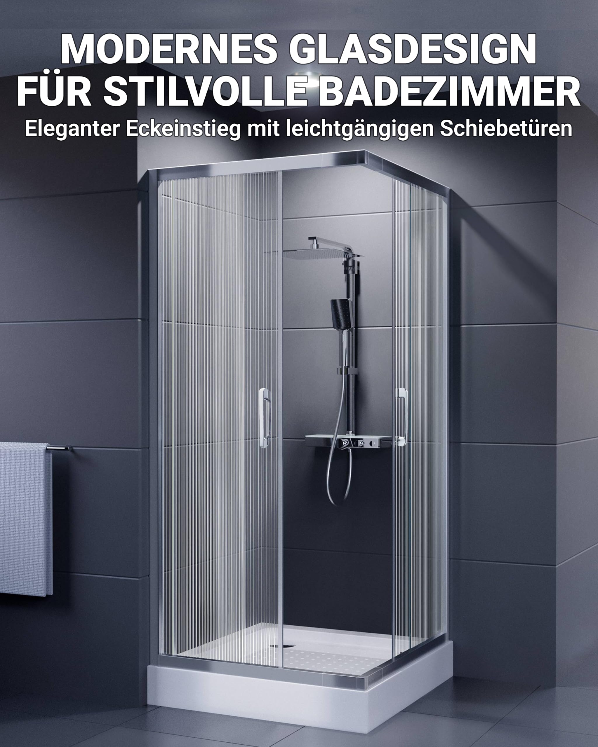 DUSCHMEISTER Echtglas-Duschkabine 80-90 cm Wave Design, Wellenstruktur – Eckdusche Eckeinstieg Schiebetür, Gleittür ESG Sicherheitsglas mit Lotus-Effekt, 190 cm, ausschwenkbare Glastüren zur Reinigung