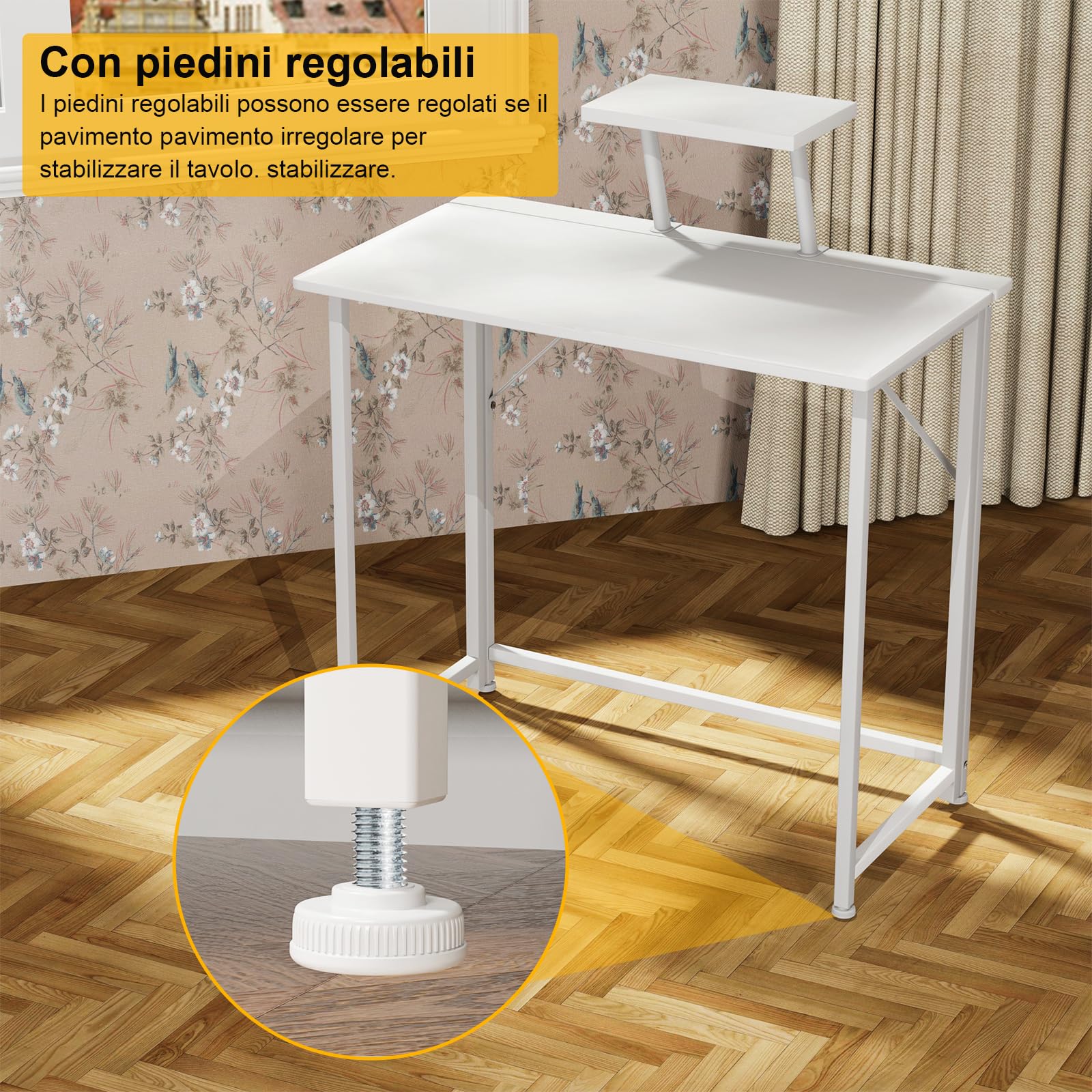 Scrivania Pieghevole con Supporto Salvaspazio, Bianca - Struttura in Metallo Moderna e Semplice per l'Ufficio di Casa 80x45x74 cm