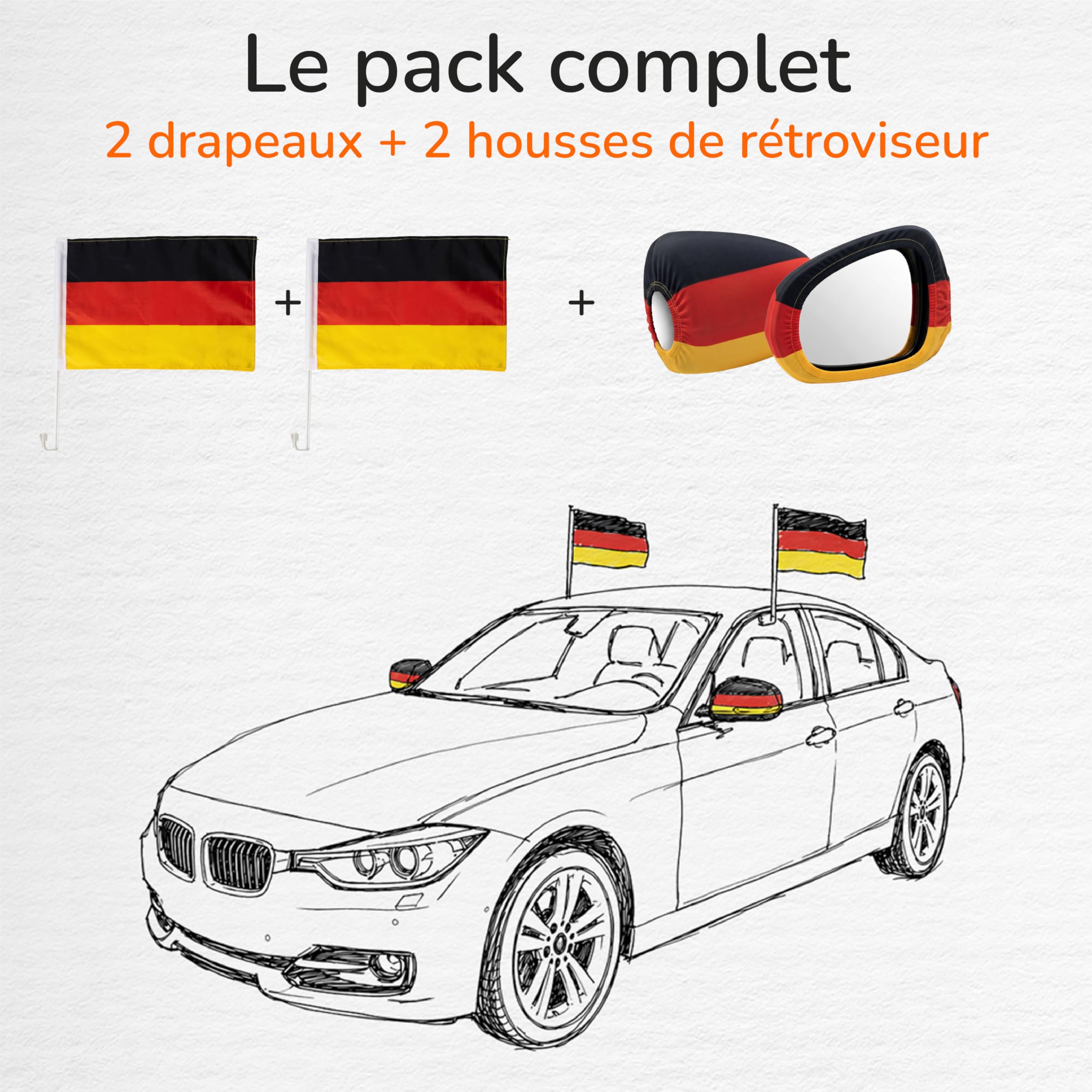 Upgrade4cars Drapeau de Voiture Allemagne + Housses Rétroviseurs Coupe du Monde 2026 | Fanion Auto Noir Rouge Or 45x30 cm | Drapeau National Voiture Article Fan Mondial MAX. 60 km/h