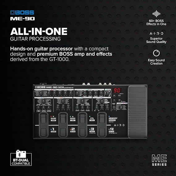 BOSS ME-90 Guitar Multi-Effects | All-In-One Guitar Processor | 11 Onboard AIRD Amp Models | 60 Effects derived from the GT-1000 | 8 Multi-Function Footswitches & Redesigned Expression Pedal
