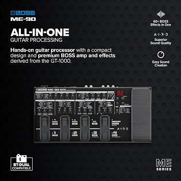 BOSS ME-90 Guitar Multi-Effects | All-In-One Guitar Processor | 11 Onboard AIRD Amp Models | 60 Effects derived from the GT-1000 | 8 Multi-Function Footswitches & Redesigned Expression Pedal
