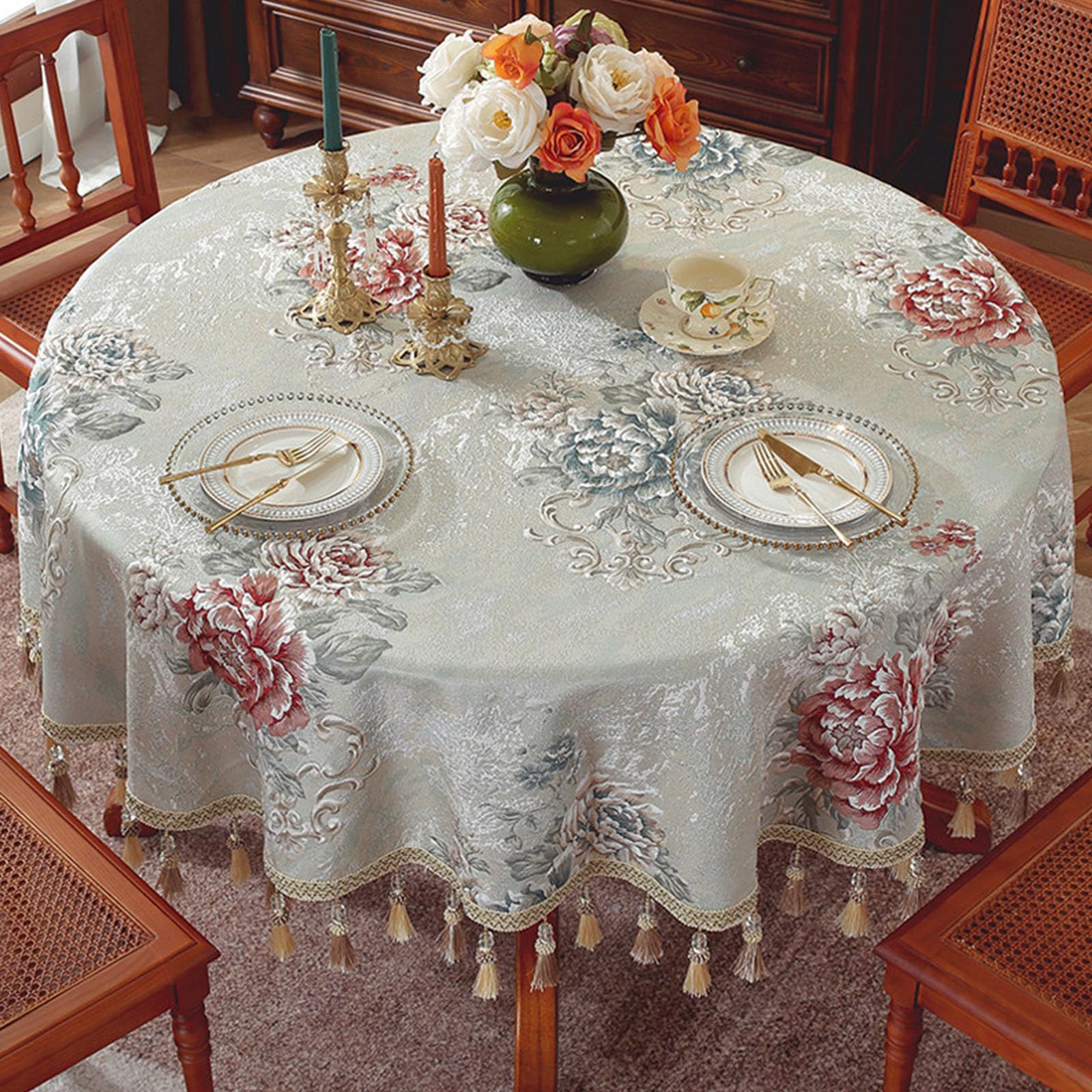 Tovaglia rotonda retrò europea da 120 cm, con nappe e bordo intrecciato, per matrimoni, banchetti, riunioni e uso domestico (160 cm)
