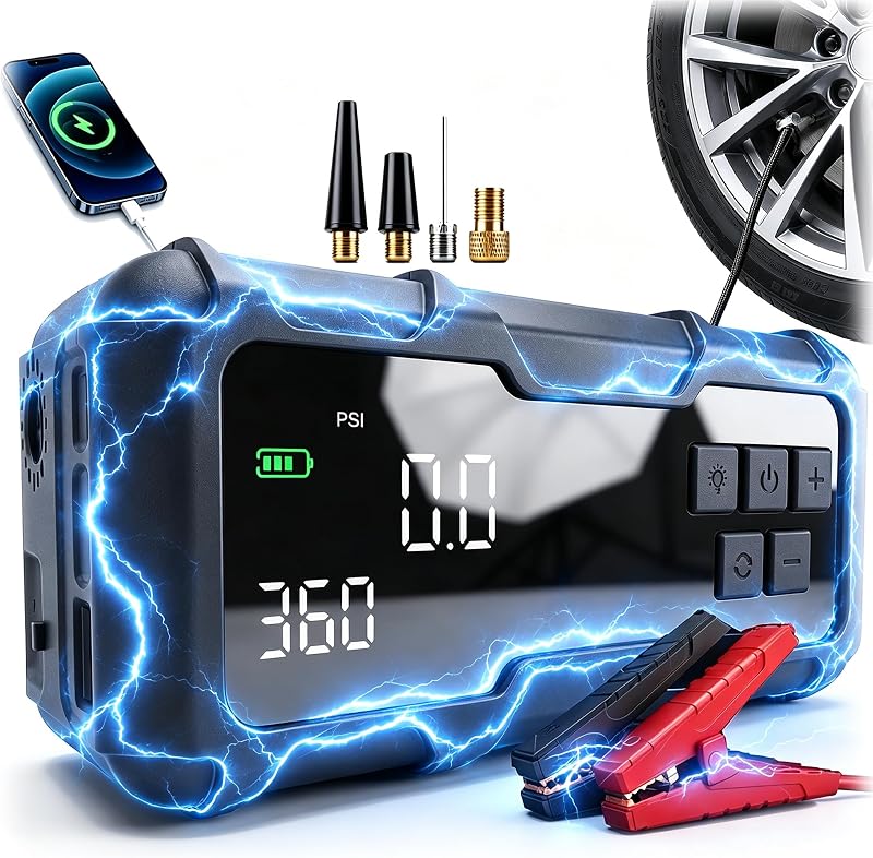 9000A Jump Starter with Air Compressor, Portable Tire Inflator, German-Tech Fast-Charging Power Bank Car Battery Booster for Car Owners Camping, Road Trips, Family Safety & Gift Giving