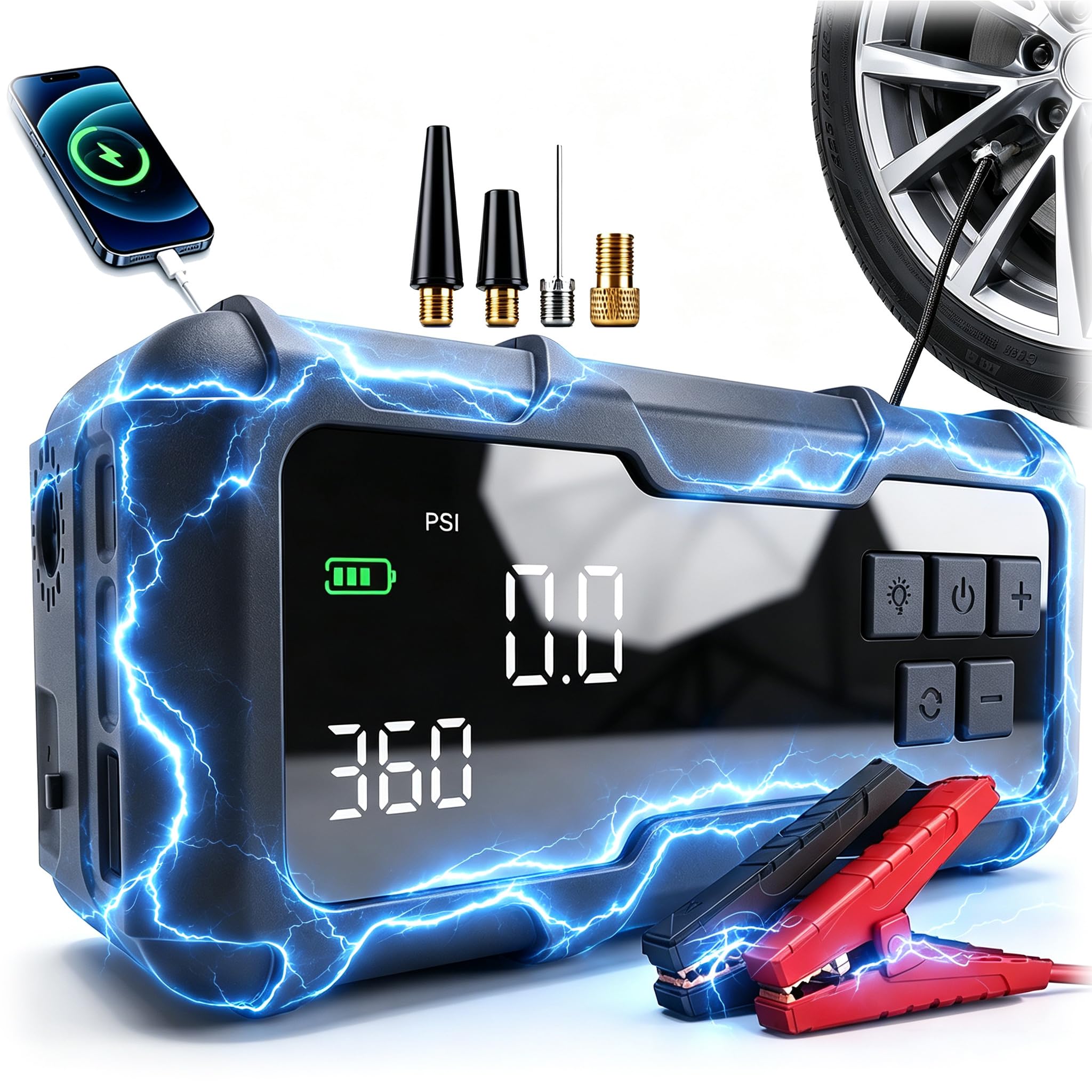 Inflador de neumáticos portátil compresor de aire bomba de aire para neumáticos de coche con manómetro digital, iluminación de emergencia y función de apagado automático, bomba inalámbrica