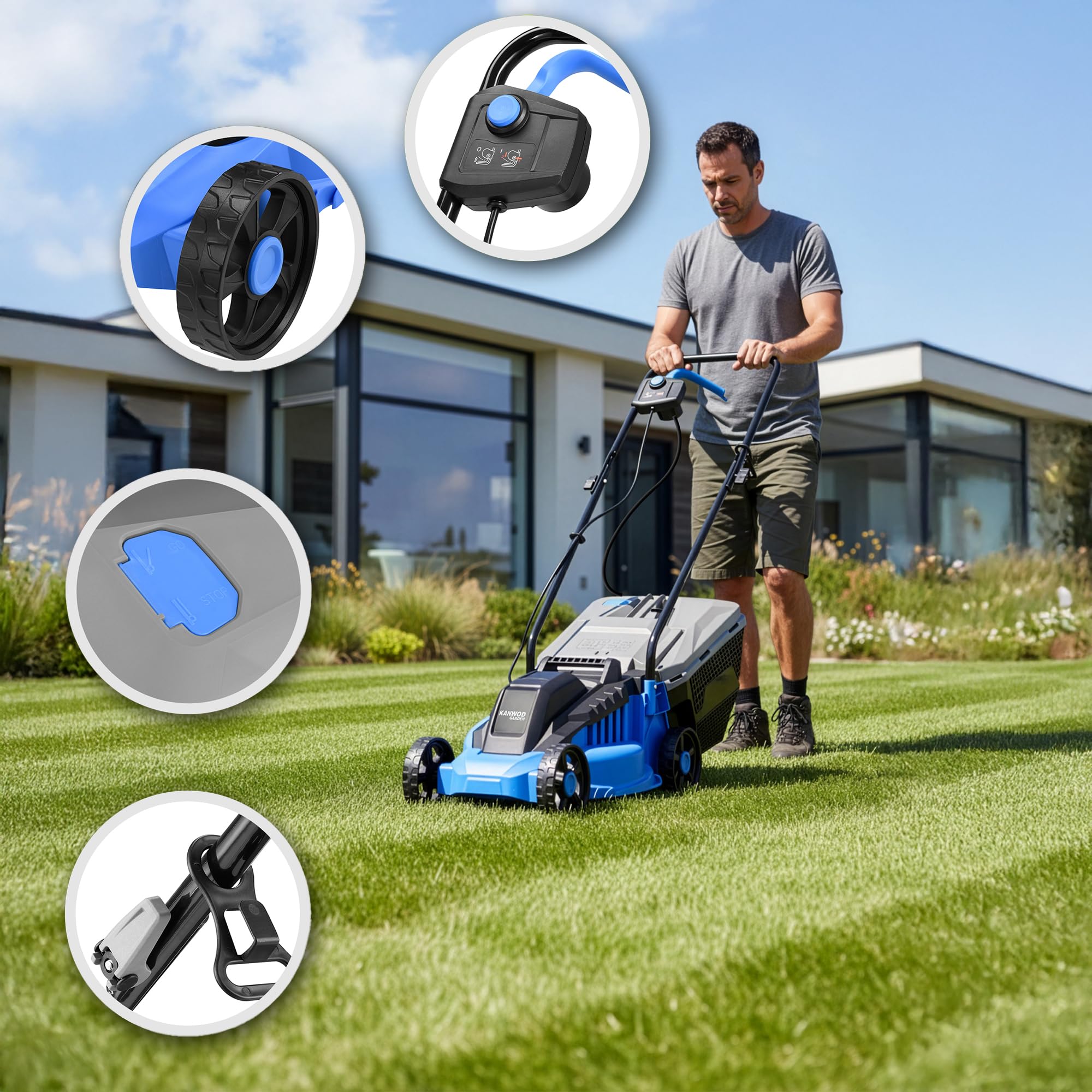 KANWOD Tondeuse à Gazon électrique 1200 W, Largeur de Coupe 34 cm, Bac Ramassage 30 L, Hauteur de Coupe Réglable sur 3 Niveaux de 30 à 70 mm, Idéal pour pelouse jusqu'à 500 m², Gris/Bleu