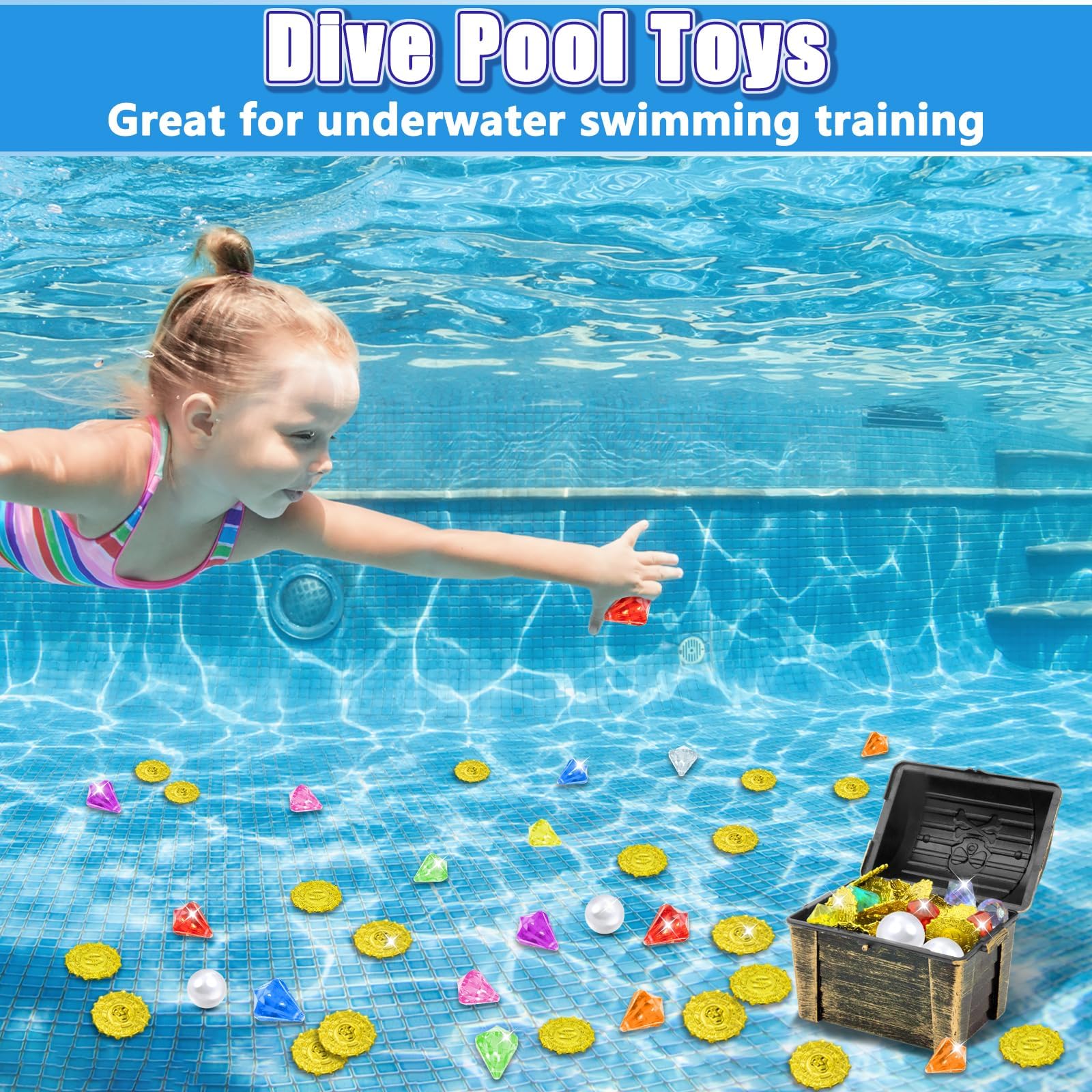 75 Pièces Jouets de Plongée avec Gemme Plongée, Pièces d'or Pirate, Coffre au Trésor, Perle, Trésor de Pirate, Jouet de Natation pour Piscine, Jouet sous Eau pour Enfants Entrainement de Plongée