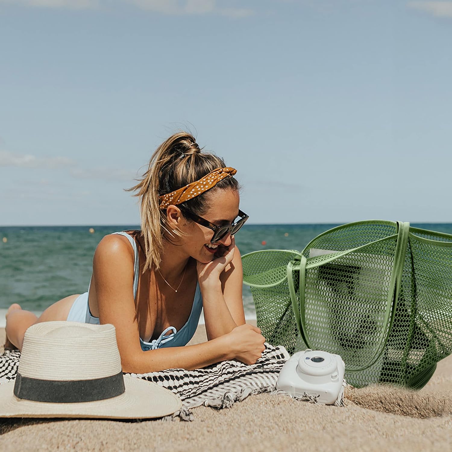 KALIDI BeachNylon Mesh Tote Bag, Casual Tote Bag Hobo Women Foldable MAX 23L Shoulder Bag For Beach Picnic Vacation - Image 3