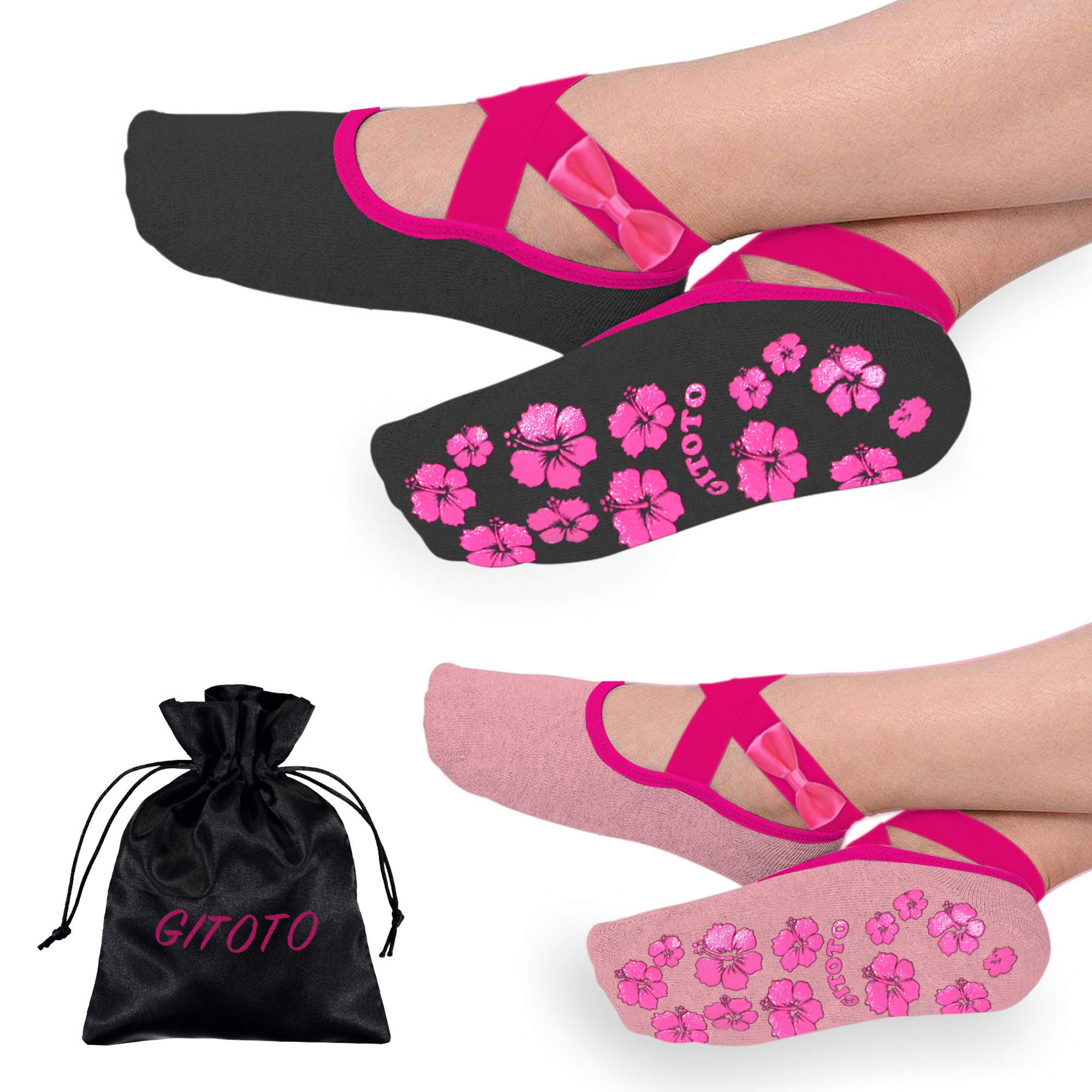 2-Pair set of GITOTO Non-Slip Yoga Socks for Women/Girls, Anti-Skid, Pilates, Barre, Bikram, Fitness, Socks with Grips, Size US 4-9 Excellent Fit 2 Color Set Black and Pink